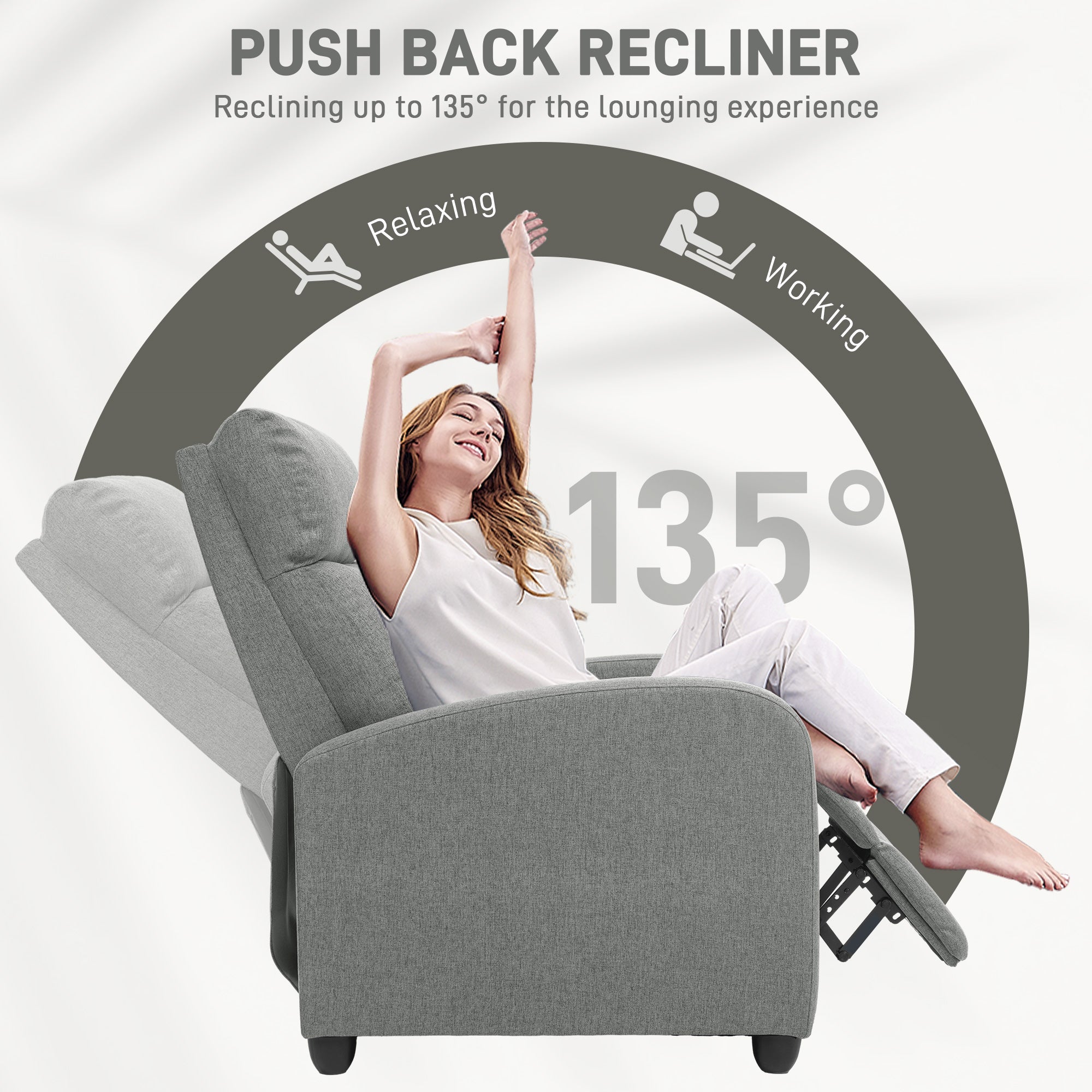 Recliner Armchair with Footrest, 135¡ã Push Back - Grey