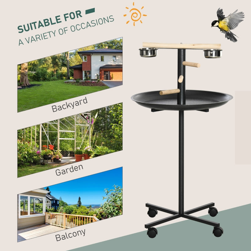 Metal Bird Table Play Stand, Bird Feeder Station, Four Wheels, Feeding Bowls, Round Tray