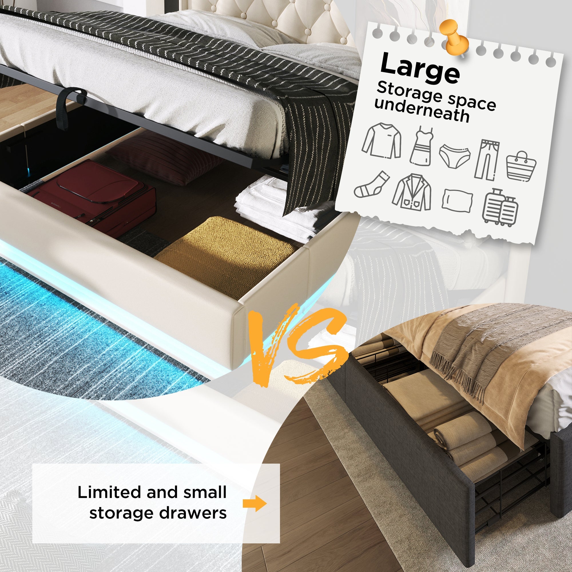 Upholstered Double Ottoman Bed with 360 Surround LED, Hydraulic Storage, Charging Function, PU, White