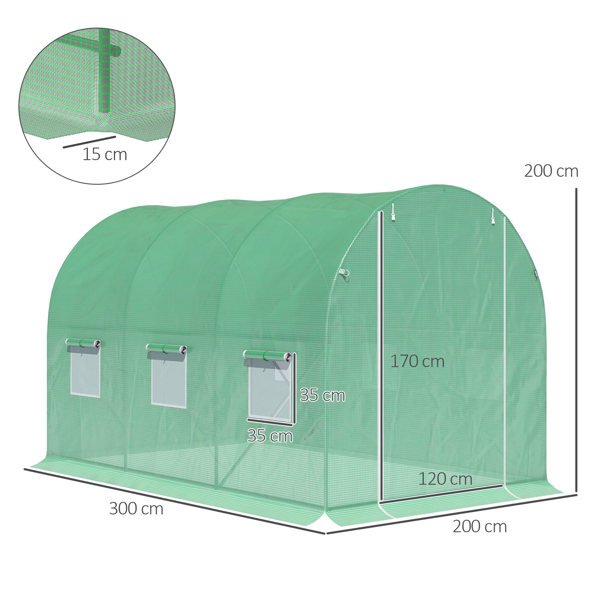 Walk-in Polytunnel Greenhouse with Zipped Roll-Up Door and 6 Mesh Windows, 3 x 2M