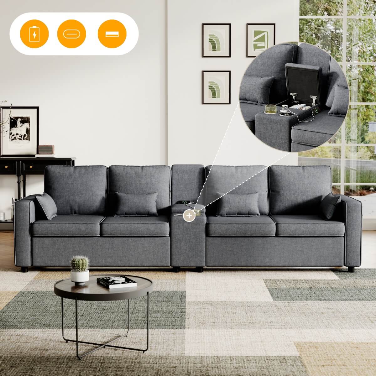 4-Seater Modern Sofa – Grey Linen, Storage Console, Cup Holders & USB/Type-C Charging