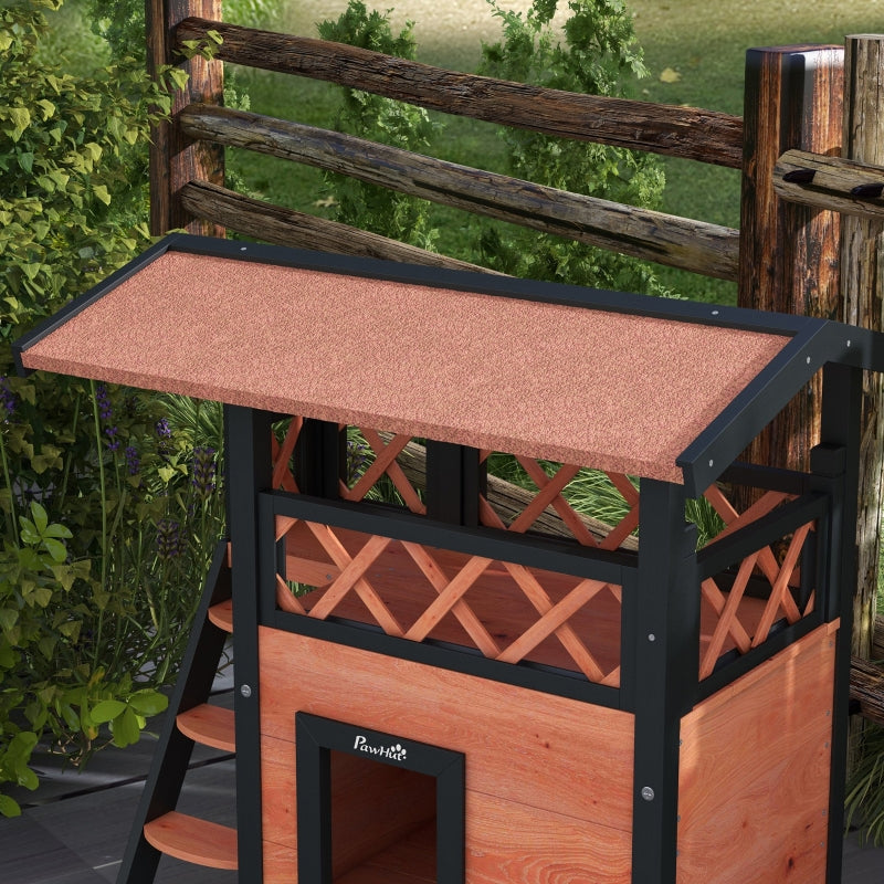 Cat House Outdoor with Balcony Stairs Roof, 77 x 50 x 73 cm, Brown