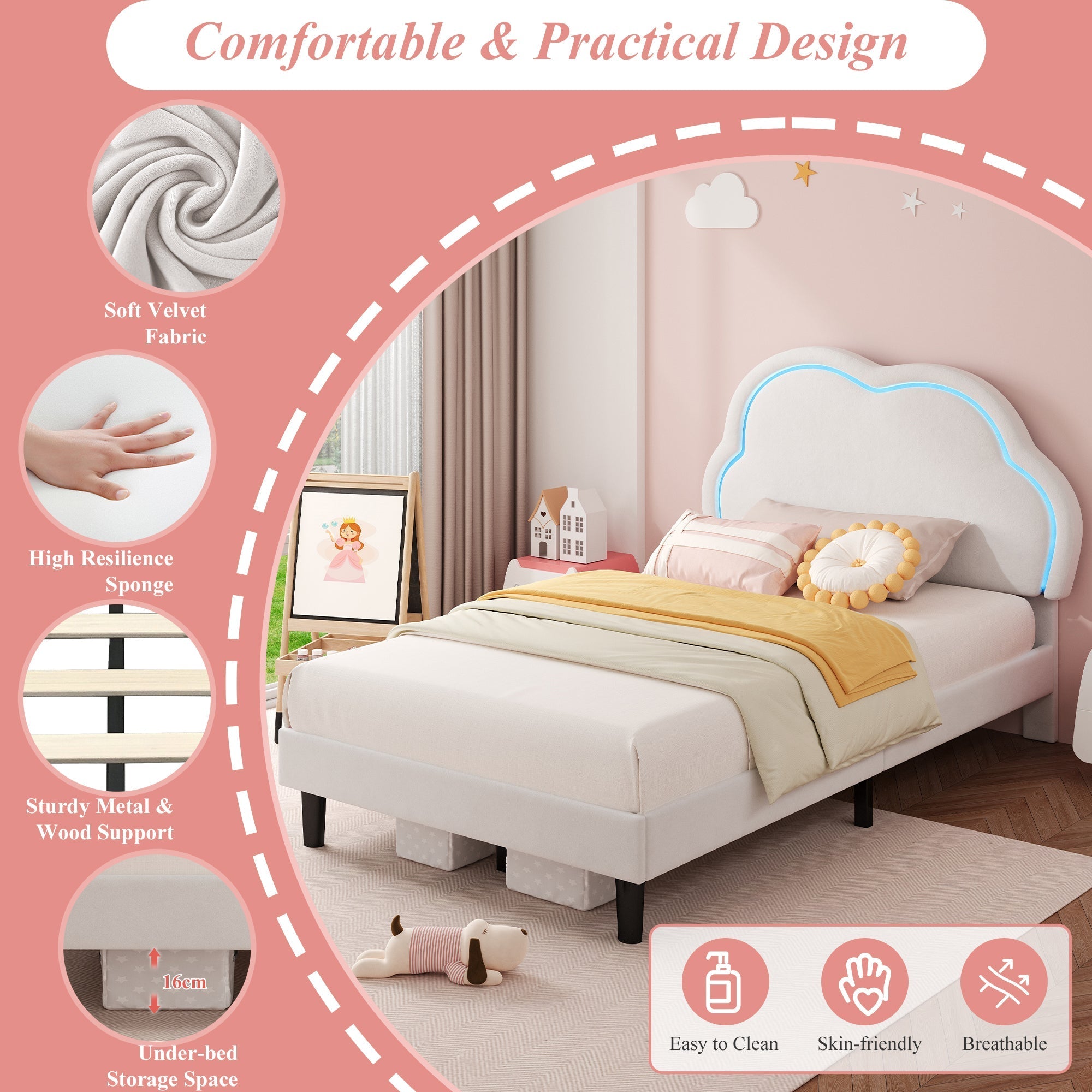 3ft Single Upholstered Bed with LED Adjustable Cute Cloud Headboard, Soft Velvet Bed Frame with Solid Wood Slat, Cream White