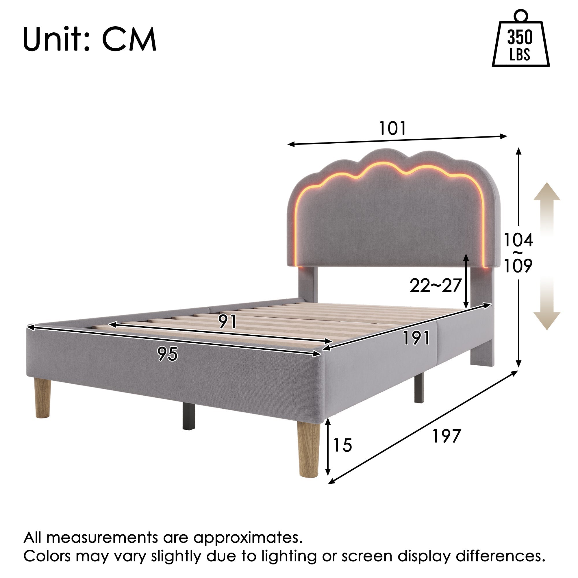 Upholstered Bed: Single Bed with LED & Adjustable Height Headboard, Grey Linen Material