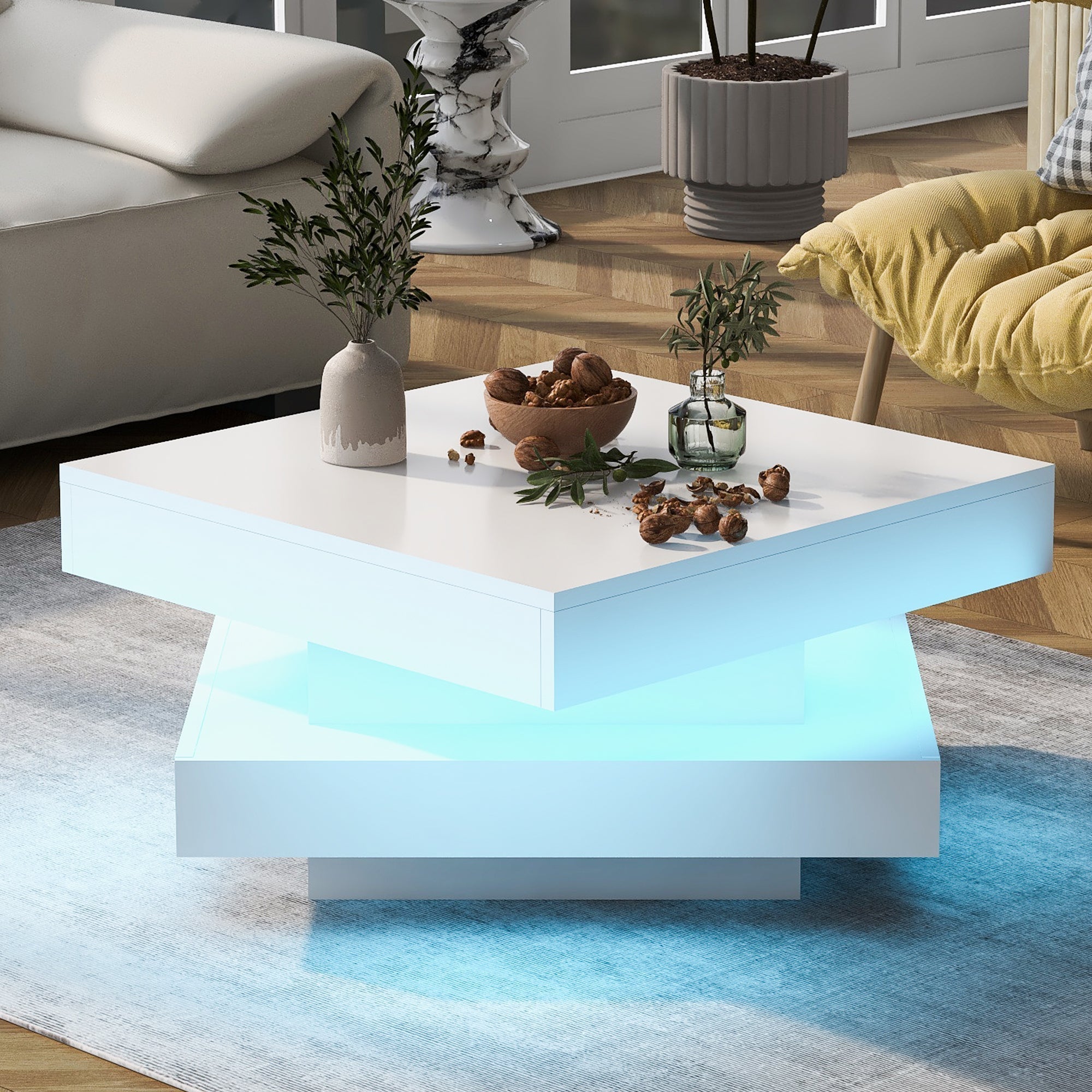 White Square High Gloss Coffee Table with 360¡ã Rotating Top, Tea Table with 16-Color LED light, 70x70x36 cm