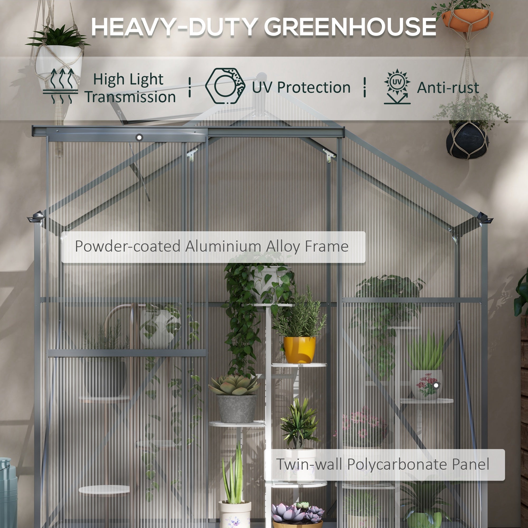 Polycarbonate Greenhouse Walk-In with Rain Gutter, Sliding Door, Window, Foundation, Dark Grey
