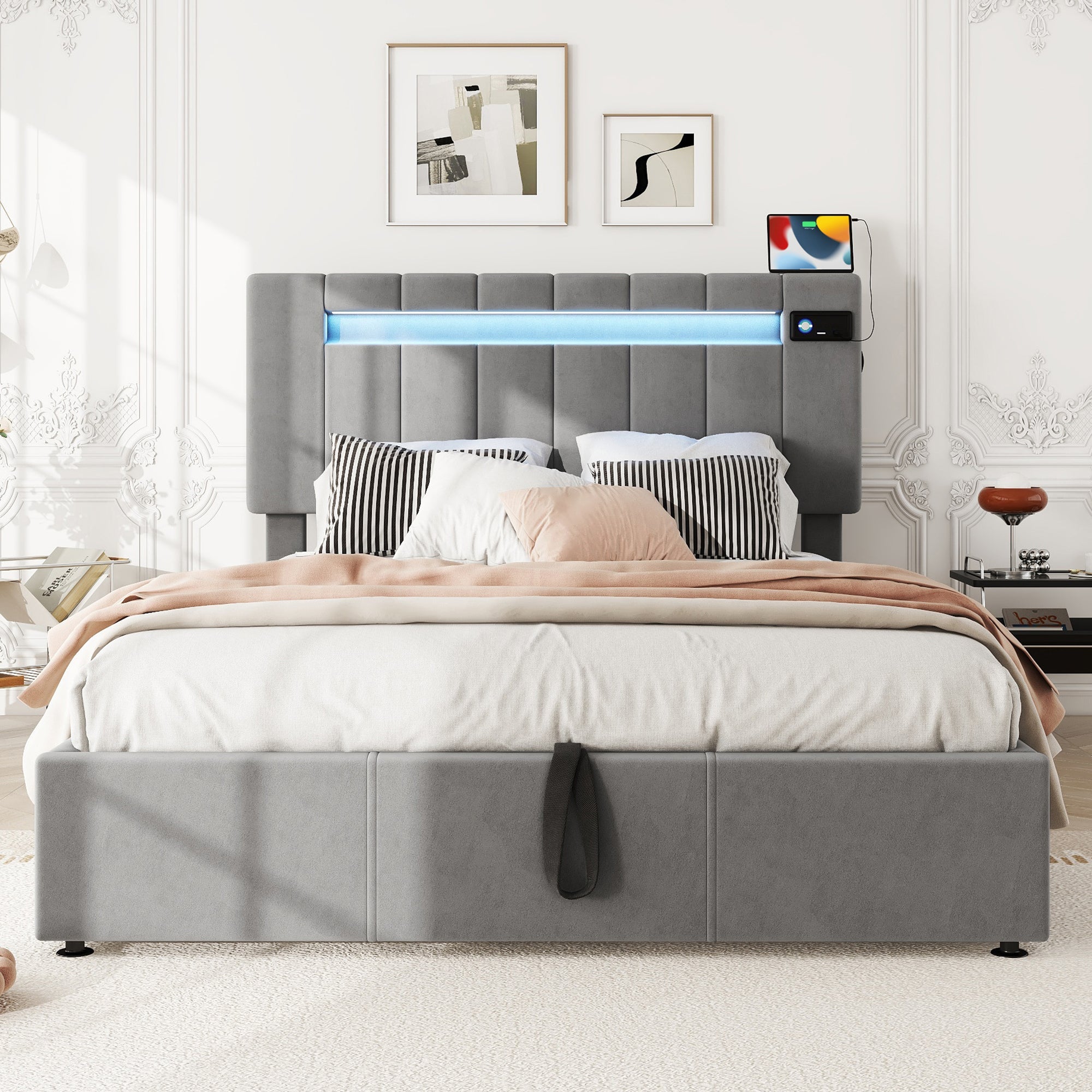 Upholstered Hydraulic Bed, 4ft6 Double 135x190cm, with Bluetooth Stereo, USB Port, LED Lights, Velvet+Iron, Grey