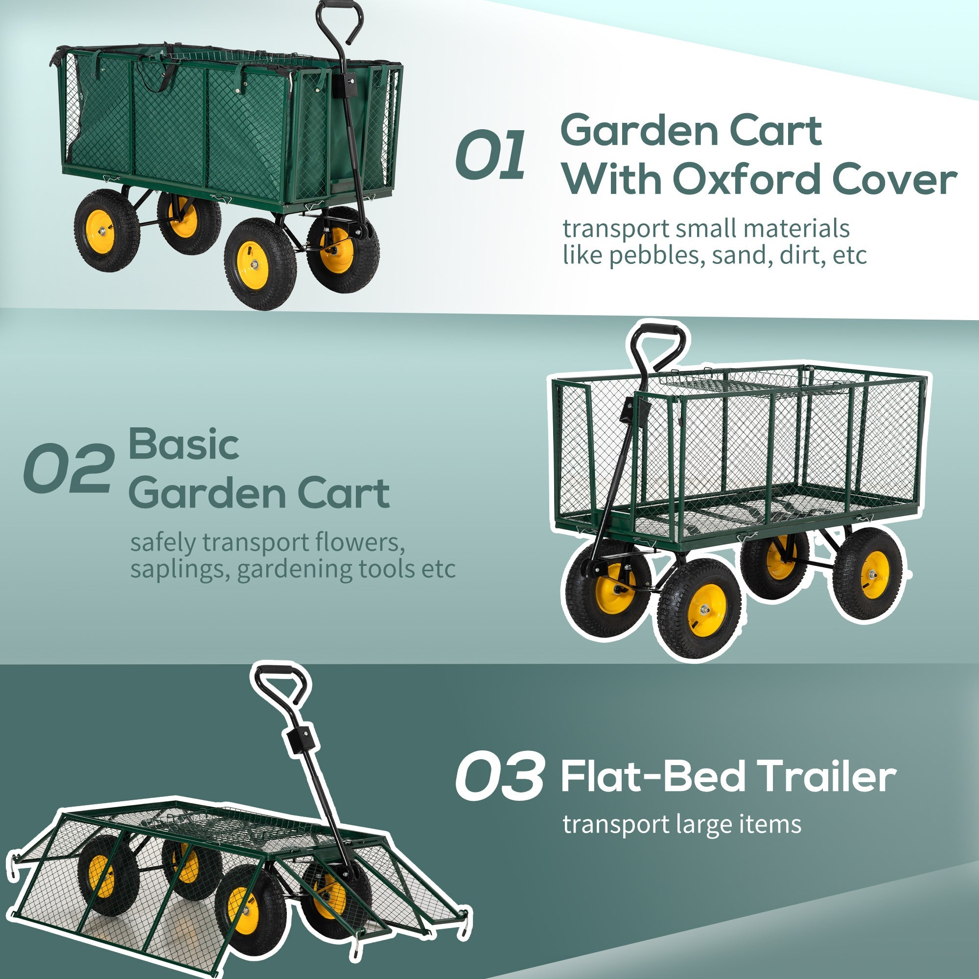 Garden Cart Truck Trolley Wheelbarrow, Large 4 Wheel Heavy Duty with Handle - Green