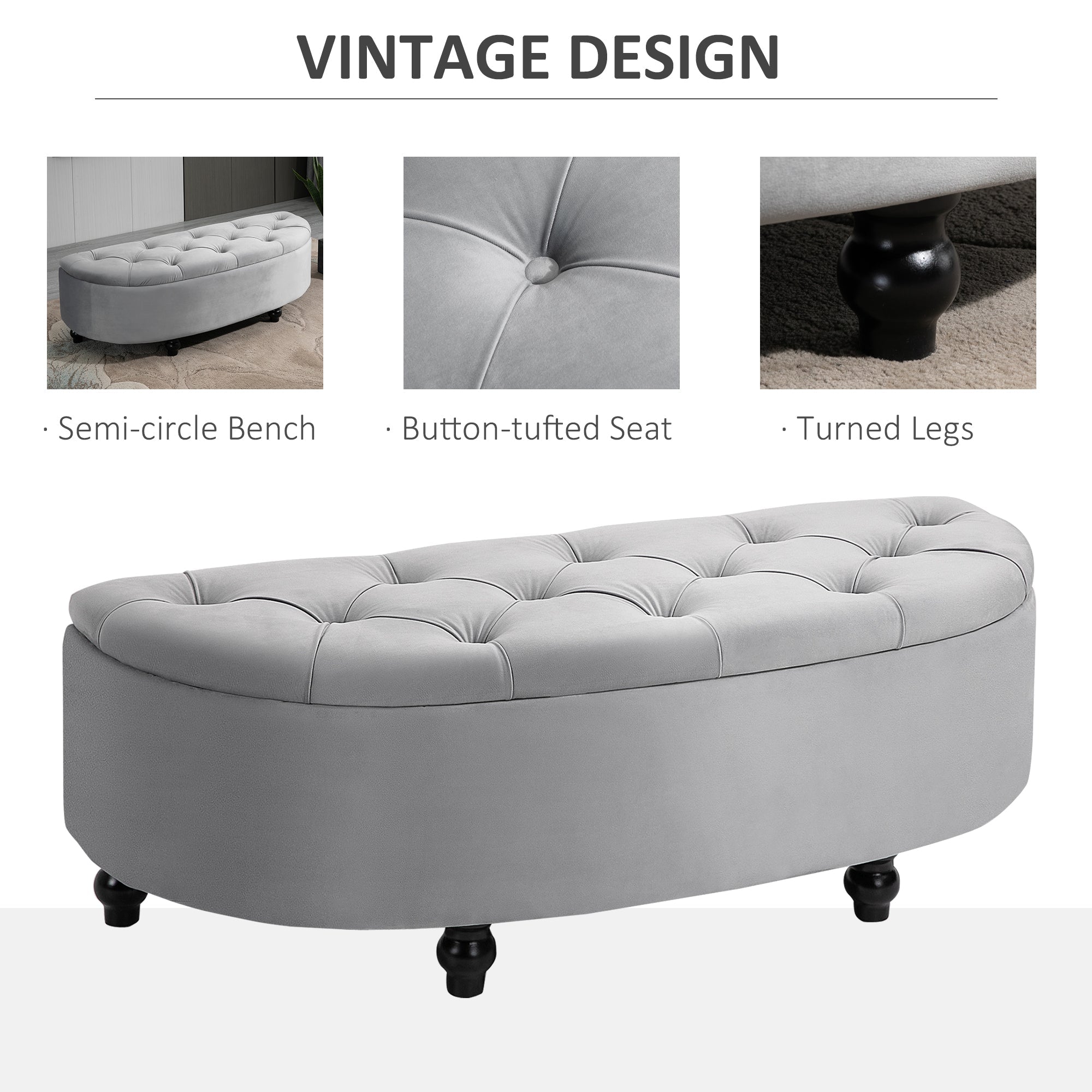 Semi-Circle Ottoman Storage Bench, Tufted Upholstered, Light Grey