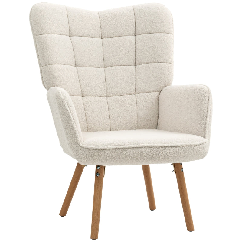 Modern Accent Chair, Tufted Wingback Armchair with Wood Legs, Cream White