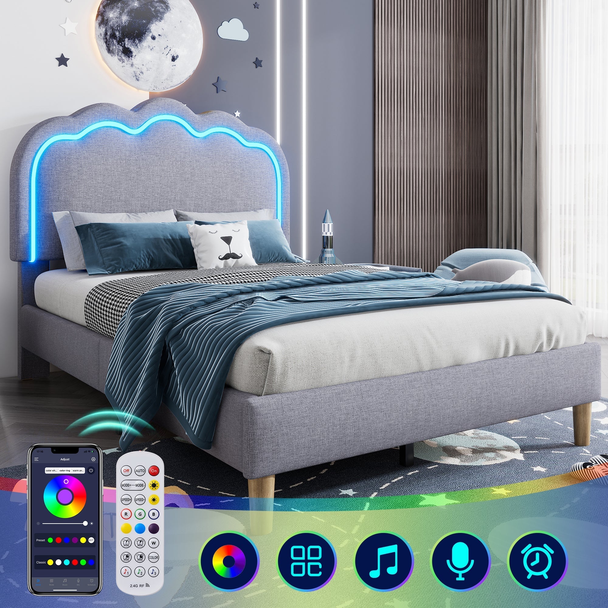 Upholstered Bed: Single Bed with LED & Adjustable Height Headboard, Grey Linen Material