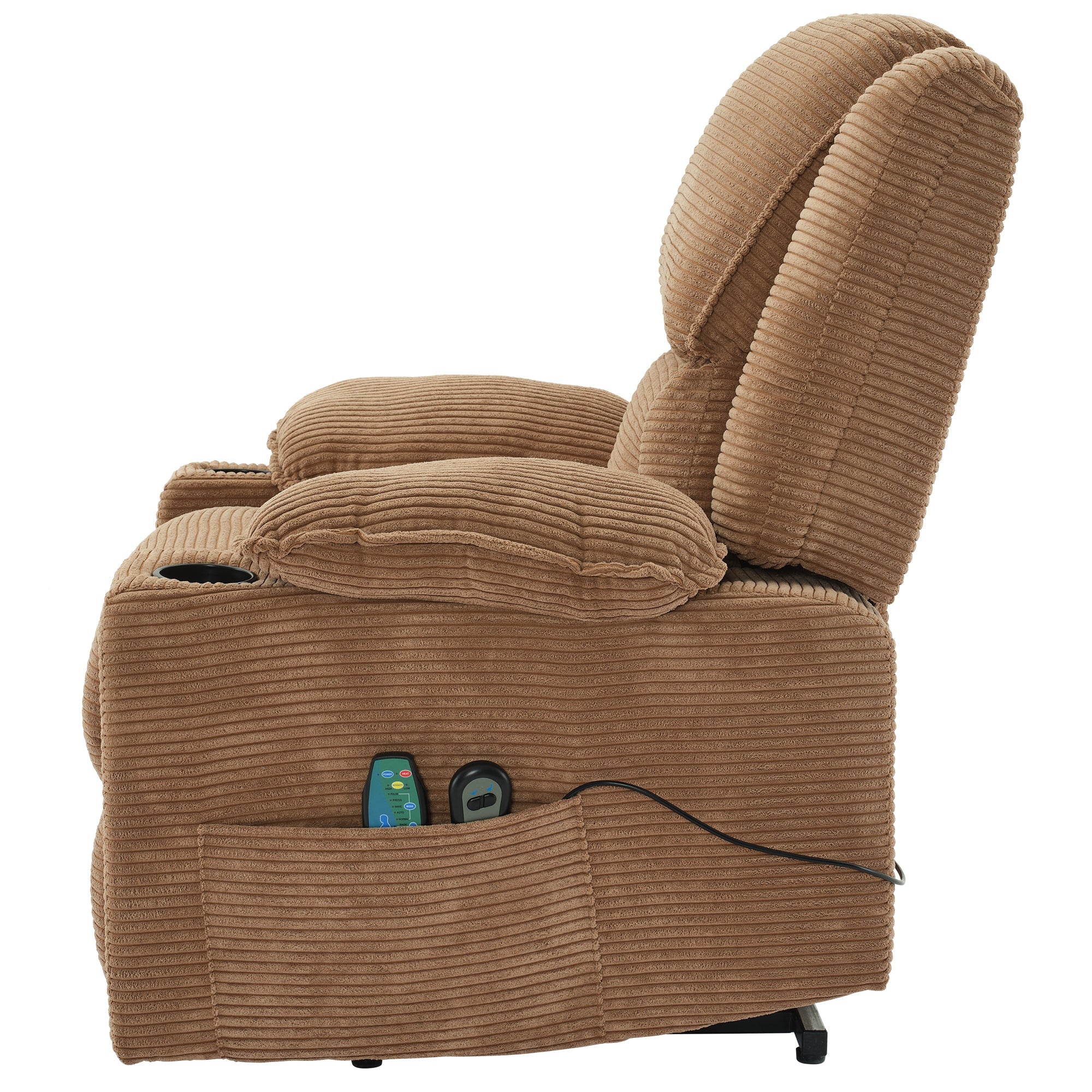 Oversized Power Lift Chair, Recliner with Heat & Massage, Single Sofa, Cup Holders, Upholstered Fabric, Light Brown
