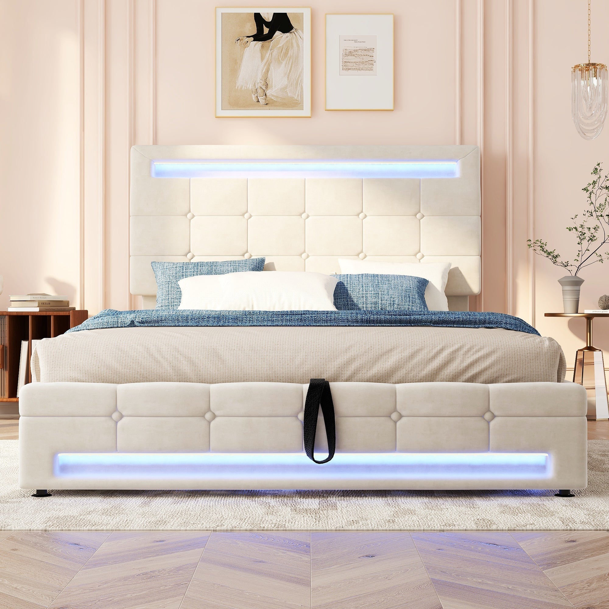 Upholstered Bed, Hydraulic 4ft6 Double 135x190cm with Square Embellishment & 7-Color LED, Velvet & Iron Beige