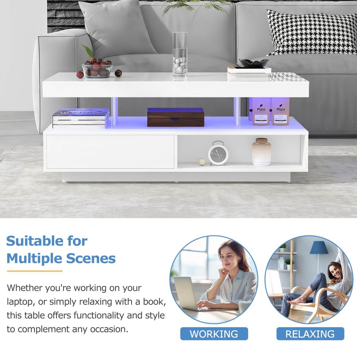 LED Coffee Table with Storage – High Gloss Centre Table with 2 Drawers, White