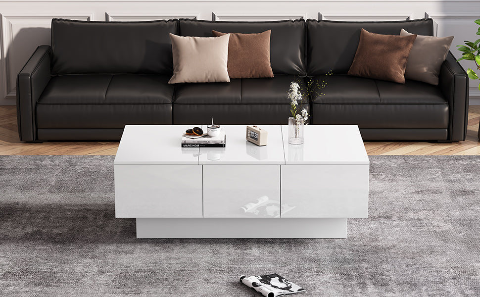 Coffee Table for Living Room, Modern Side Table with 2 Drawers and 2 Big Storage Space, White High Gloss Particle Board