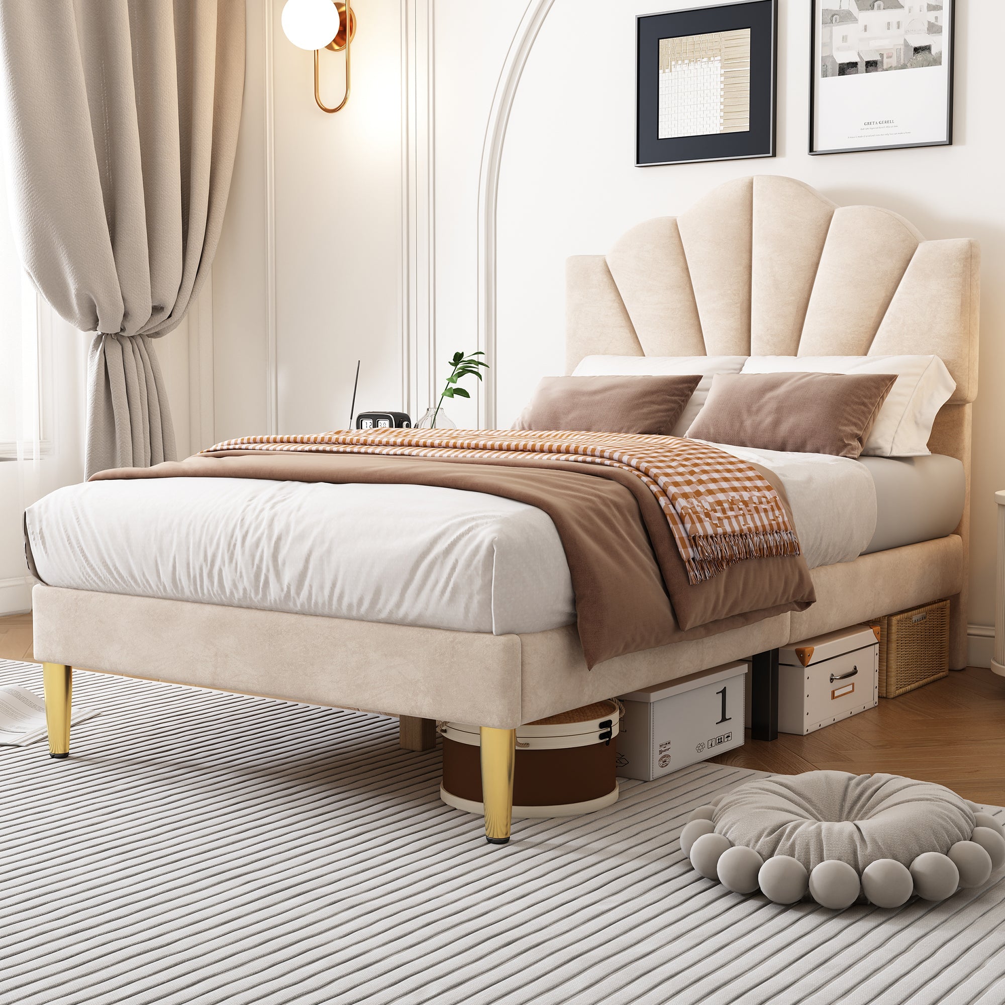 Velvet Upholstered Single Bed, 3ft Shell-Like with Golden Iron Legs and Wooden Slatted Frame, Beige
