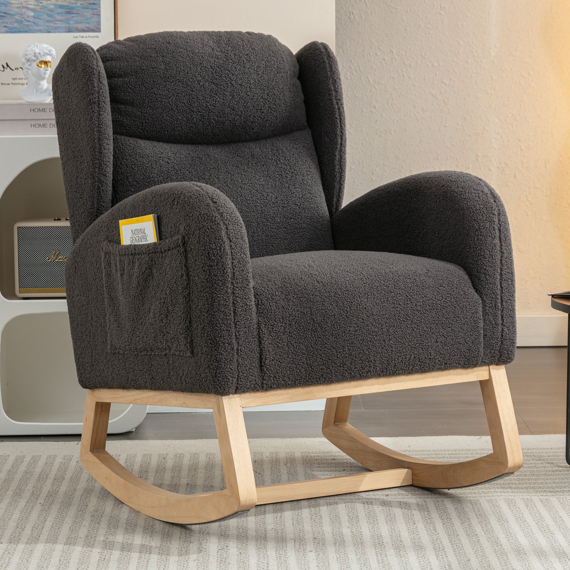Modern Teddy Fabric Upholstered Rocking Chair Wingback Padded Seat, Grey