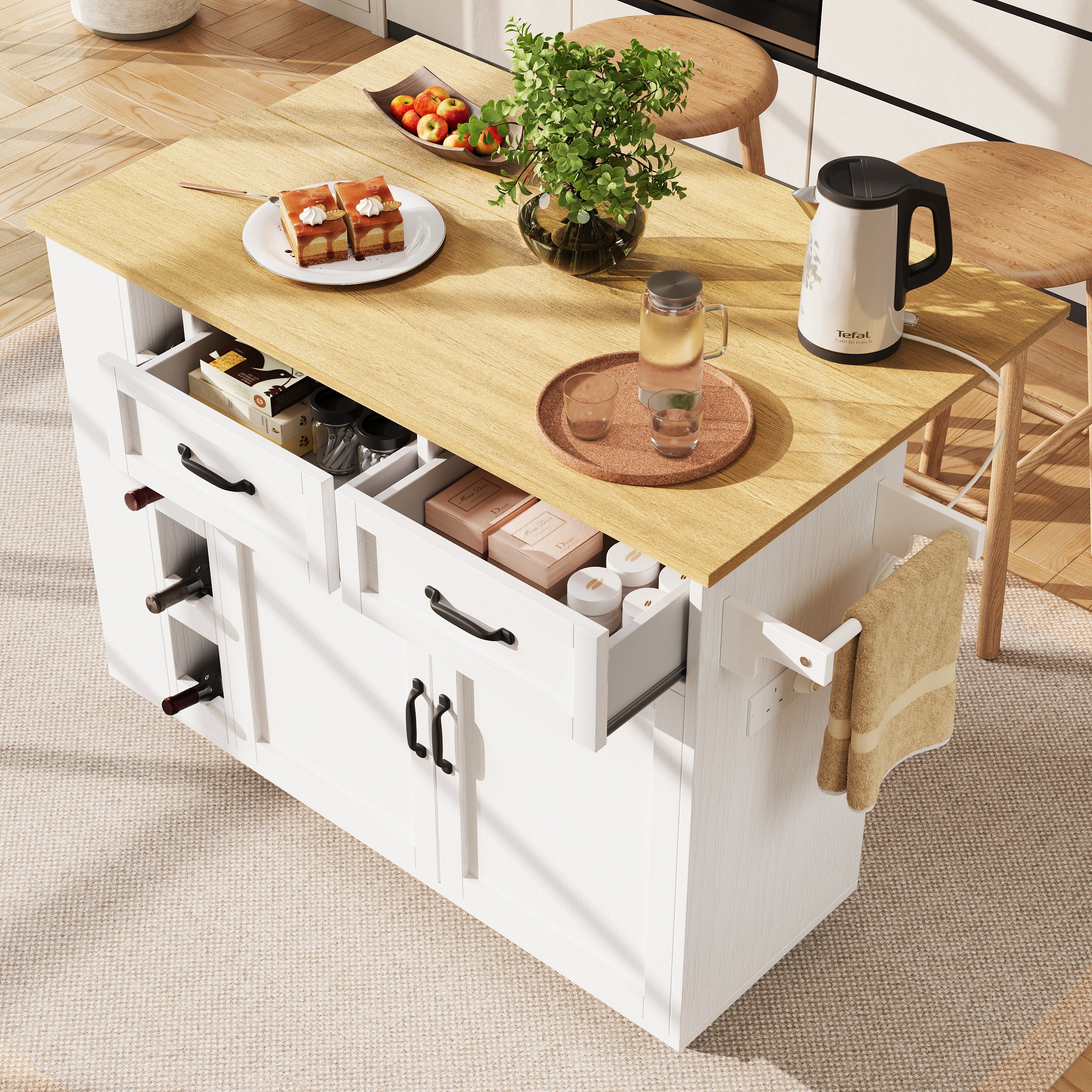 Kitchen Island with Power Strip and Wine Rack, White Wood Grain