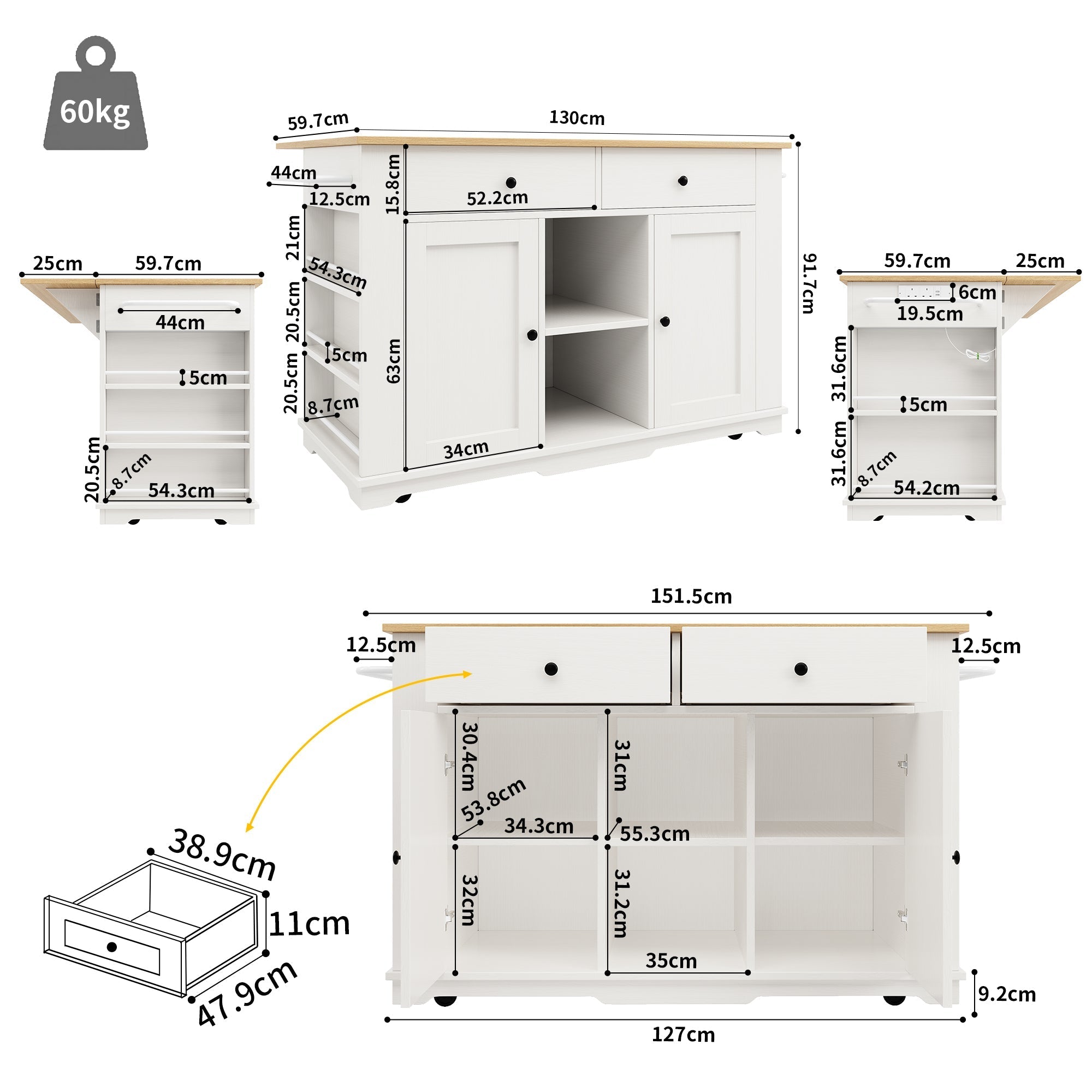 Kitchen Island with Power Strip and Wood Grain, White