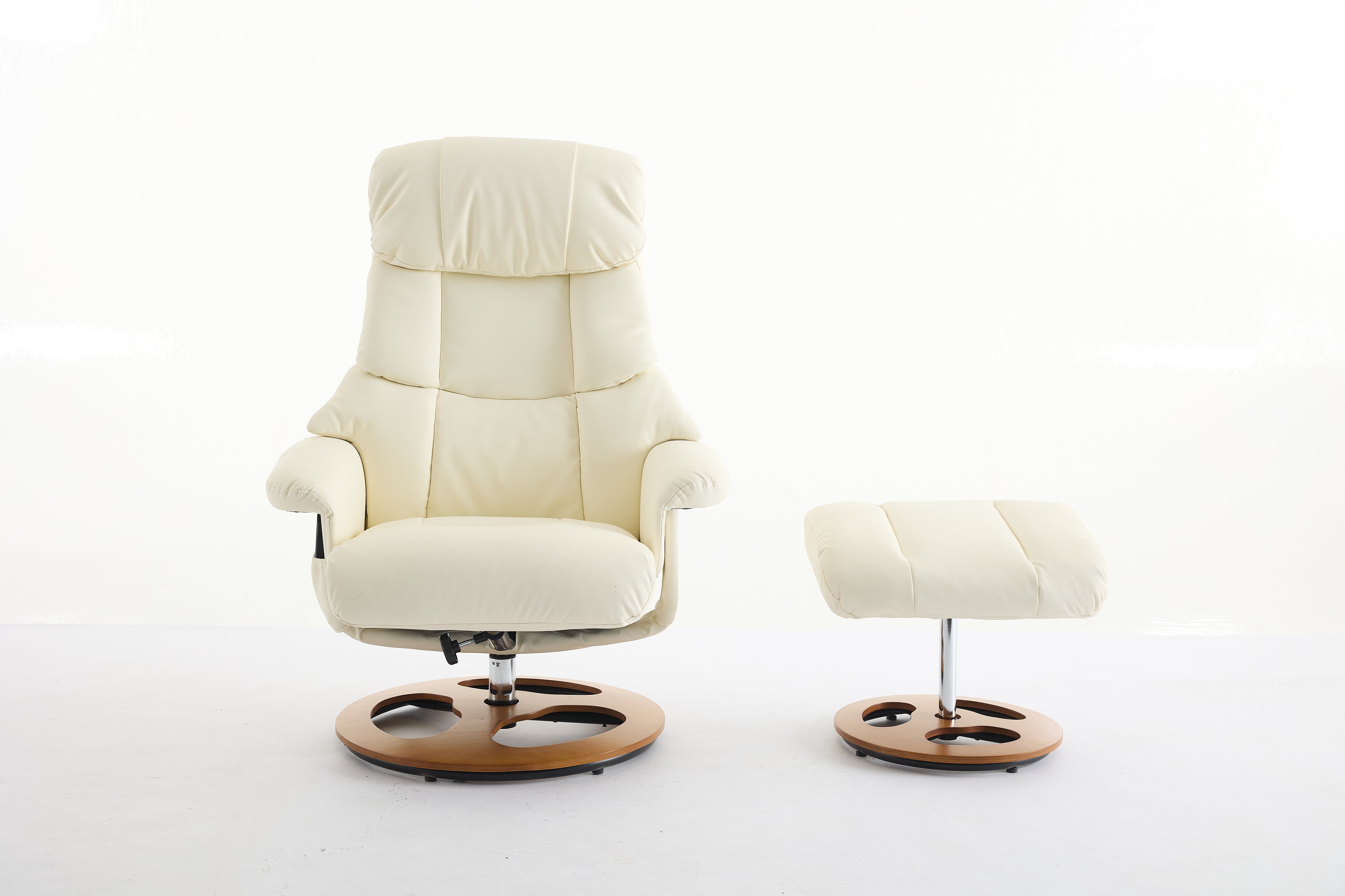 PU Upholstered Massage Recliner with ottoman footstool, 5 Points Massager, Wood/Metal Base, White