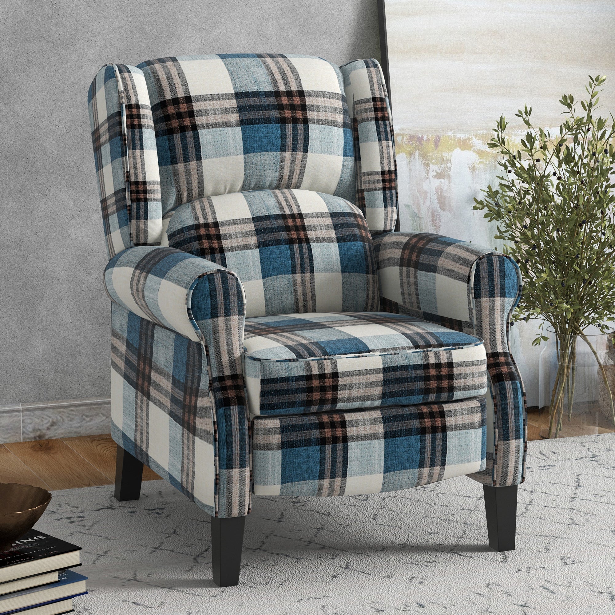 Wingback Reclining Chair Push Back Armchair with Footrest Wood Legs Blue