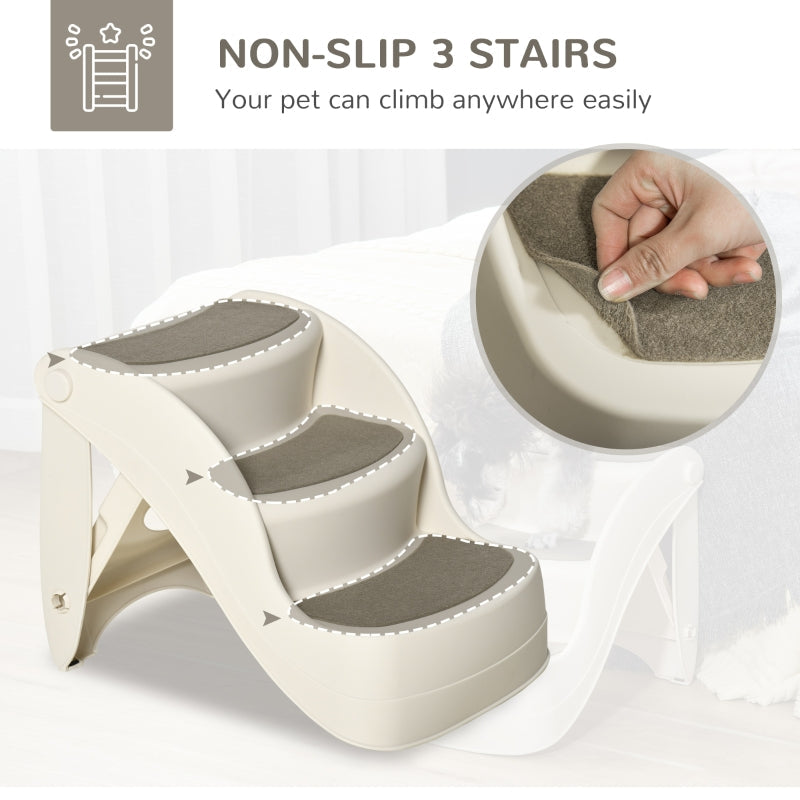 Foldable Pet Stairs 3-Step Portable Dog Steps with Non-slip Mats, Cream