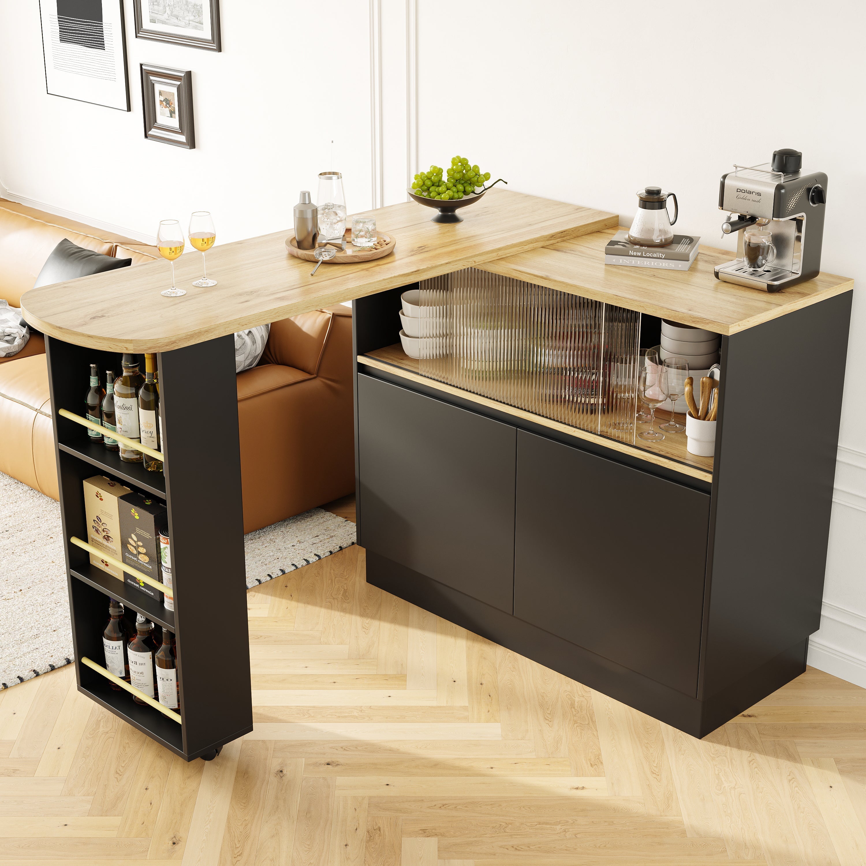 360° swivelling dining bar (main body 90 x 45 x 100 cm), black, modern, simple, multifunctional, swivelling sideboard with shelves and glass, suitable for kitchens and restaurants