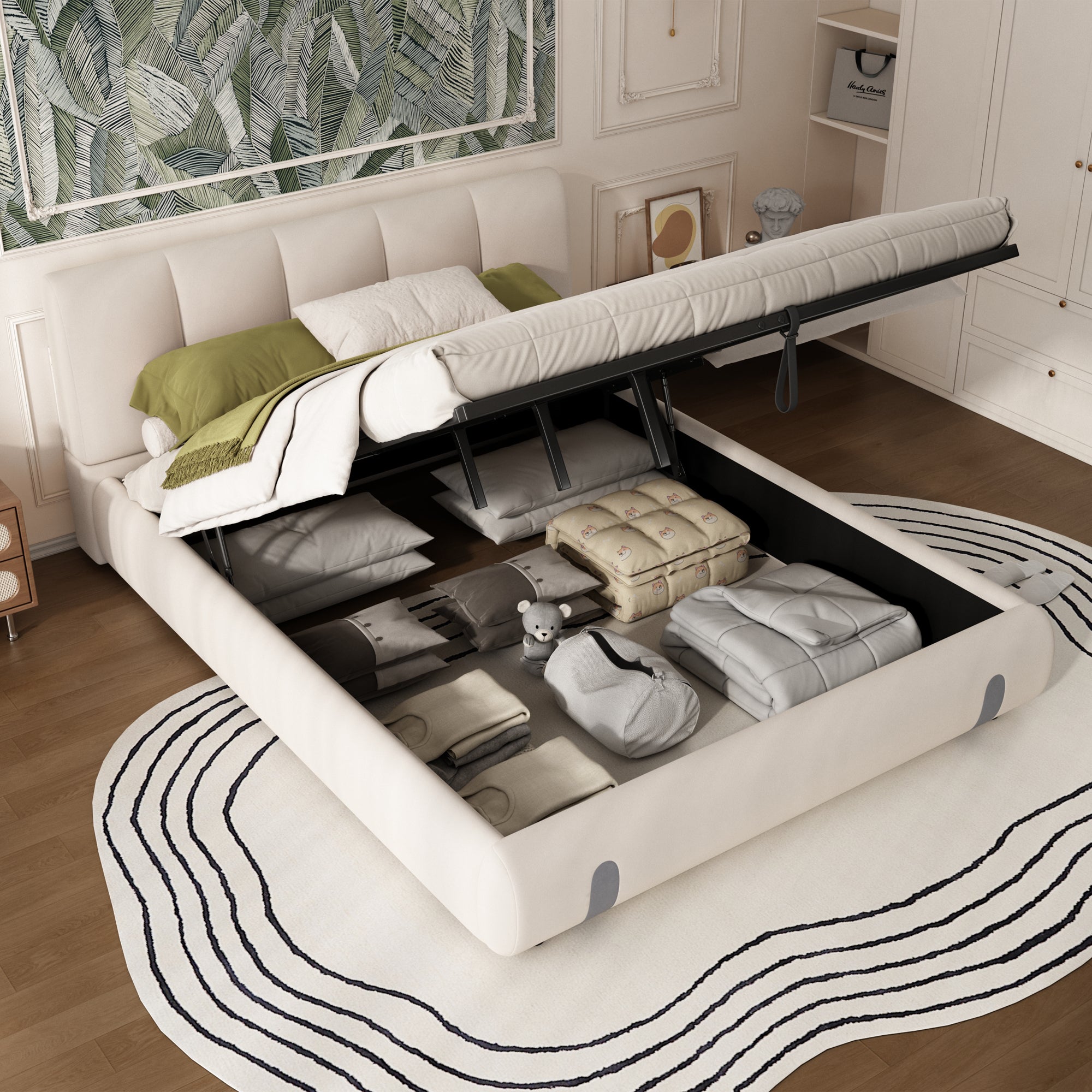 Upholstered Hydraulic Bed for Adults and Teenagers with Under-Bed Storage and Soft Headboard, White Velvet