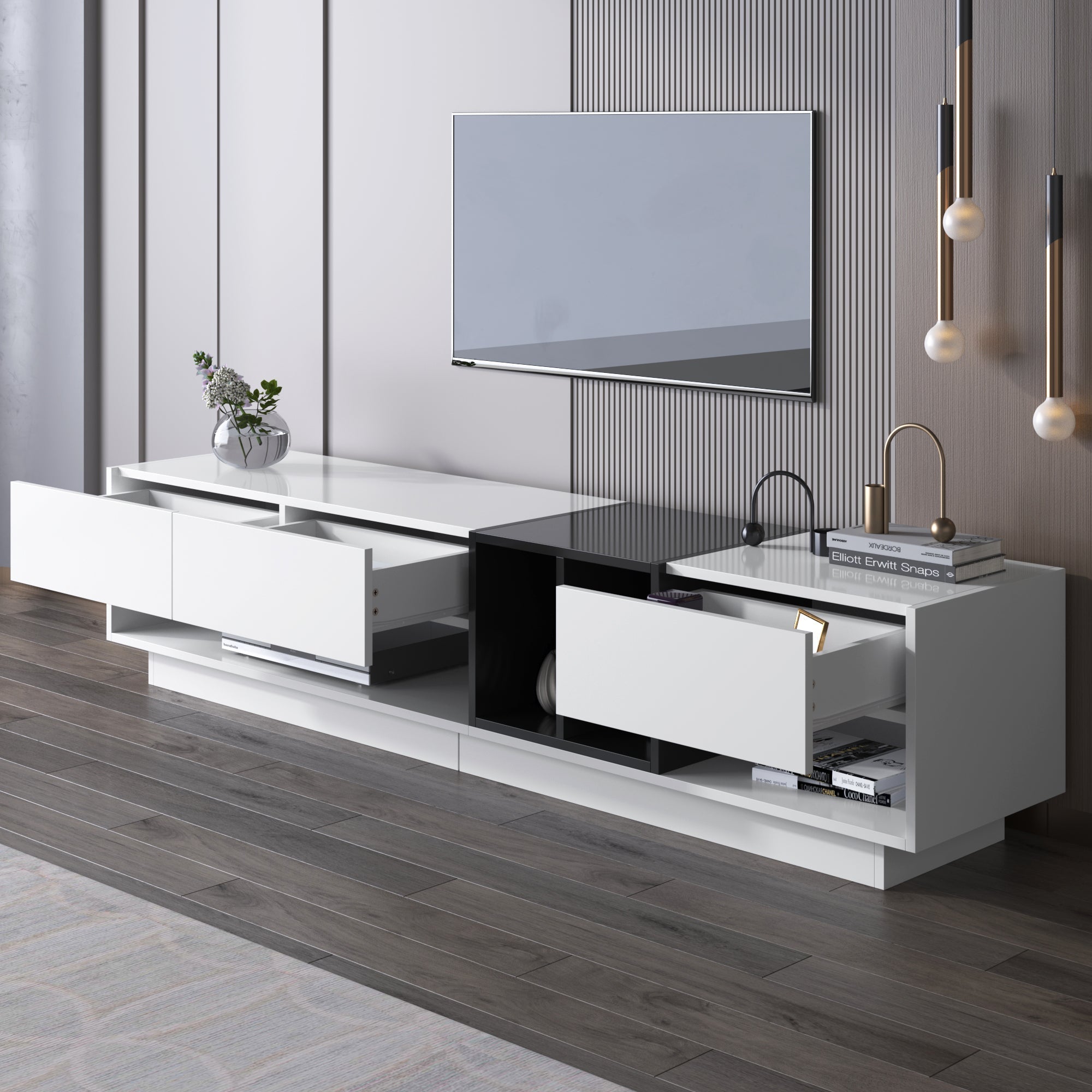 TV cabinet lowboard combination, color-blocking design with drawers and compartments, high-gloss white and black