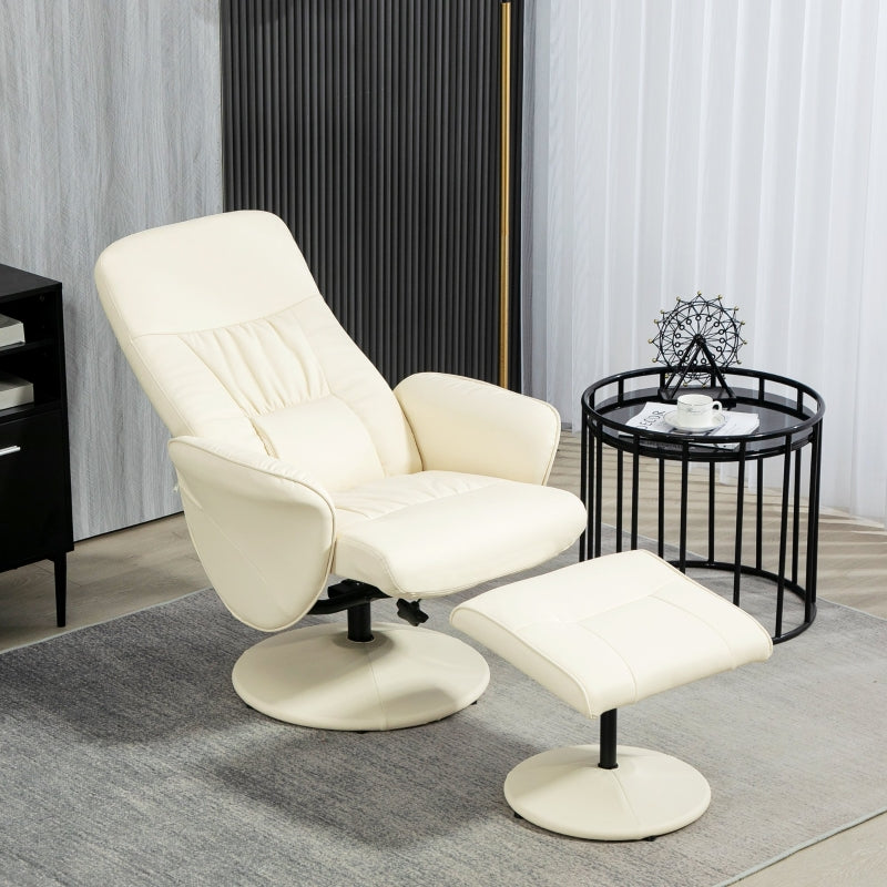 Swivel Recliner Chair with Footstool, High Back PU Leather, Cream White
