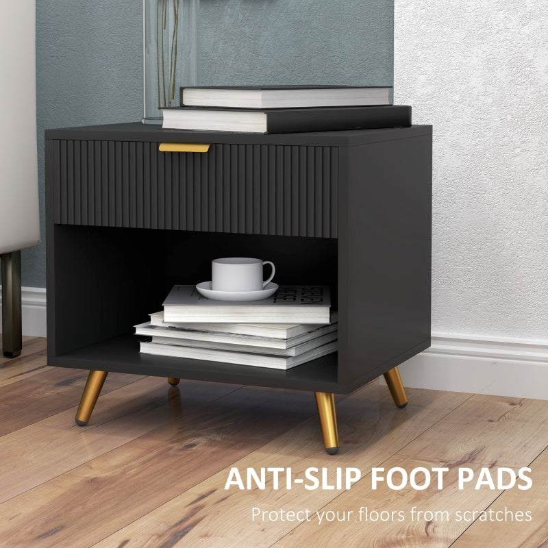 Elegant Bedside Table with Drawer and Shelf - Black/Gold Tone