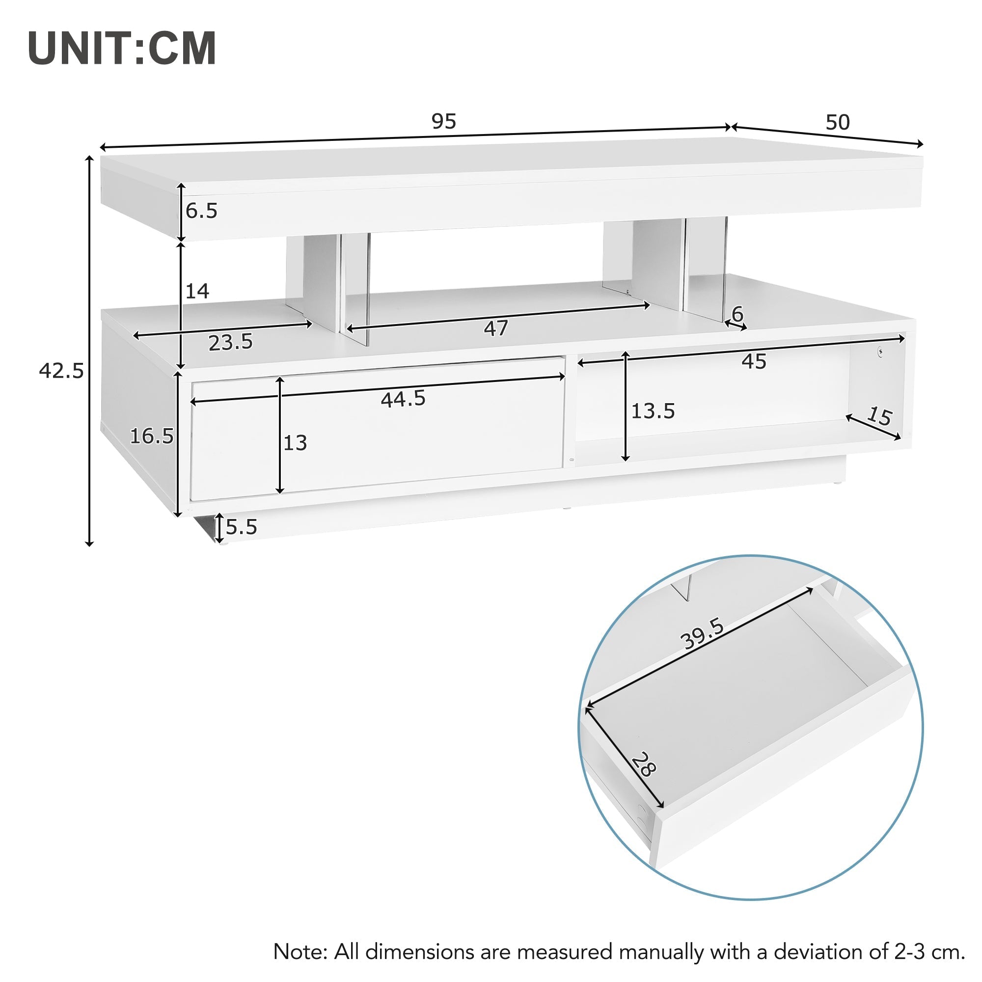 Led Coffee Table with 2 Drawer Storage, High Gloss with 16-Color Led Lights, White