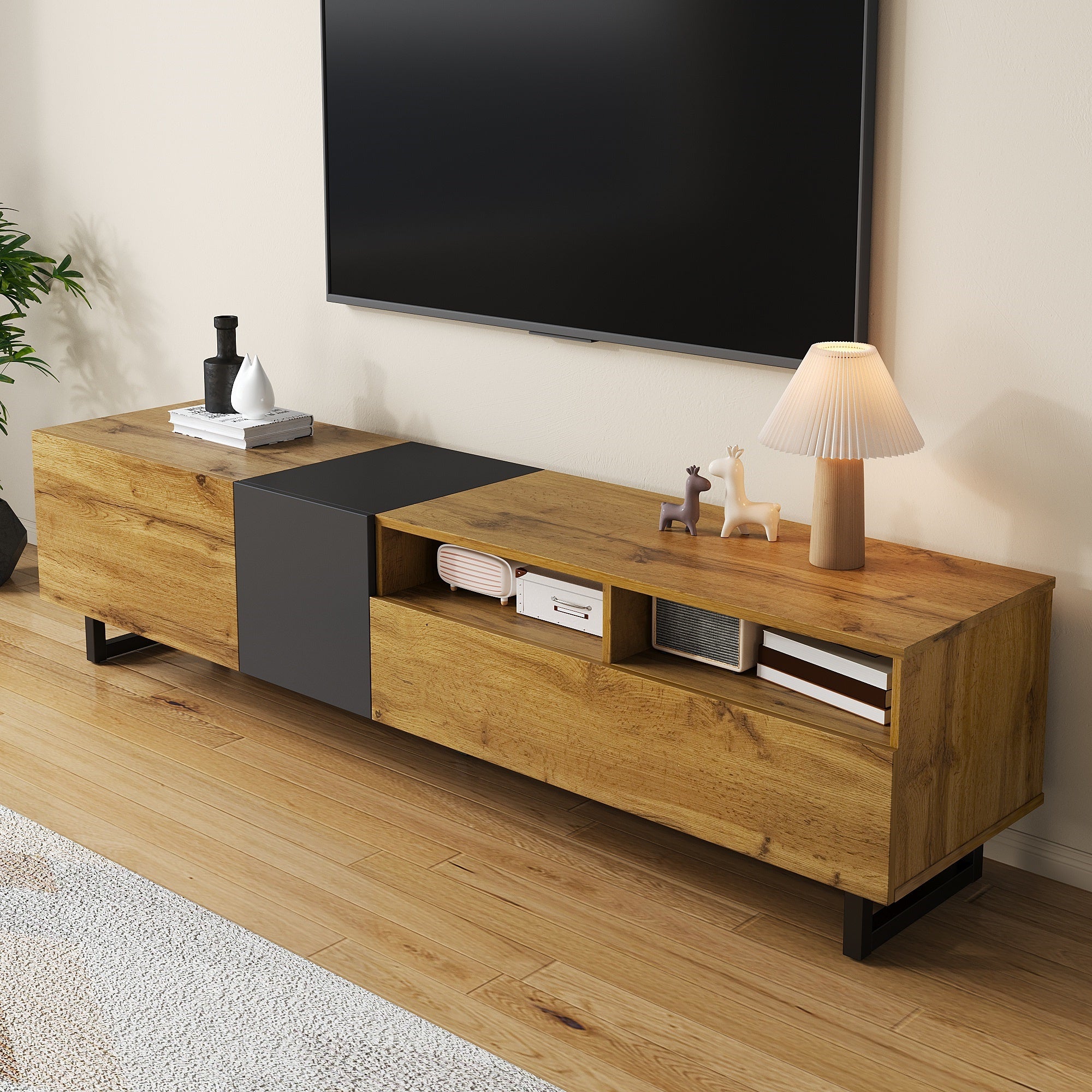 Colorblock TV Cabinet, Three Doors Two Compartments U-Shaped Legs, Retro Wood Grain