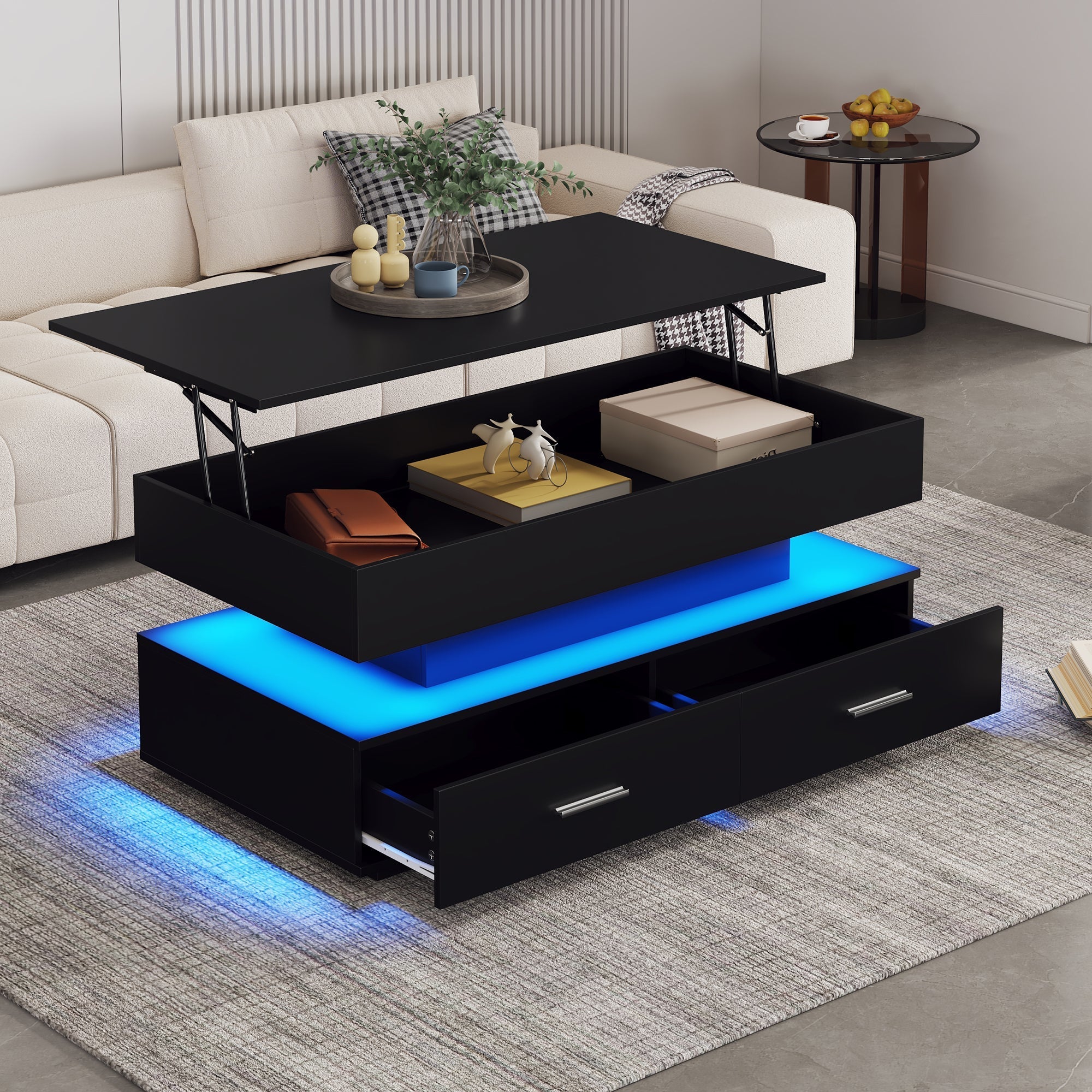 Hydraulic Lift Top Coffee Table, LED with Storage & 2 Drawers, Black