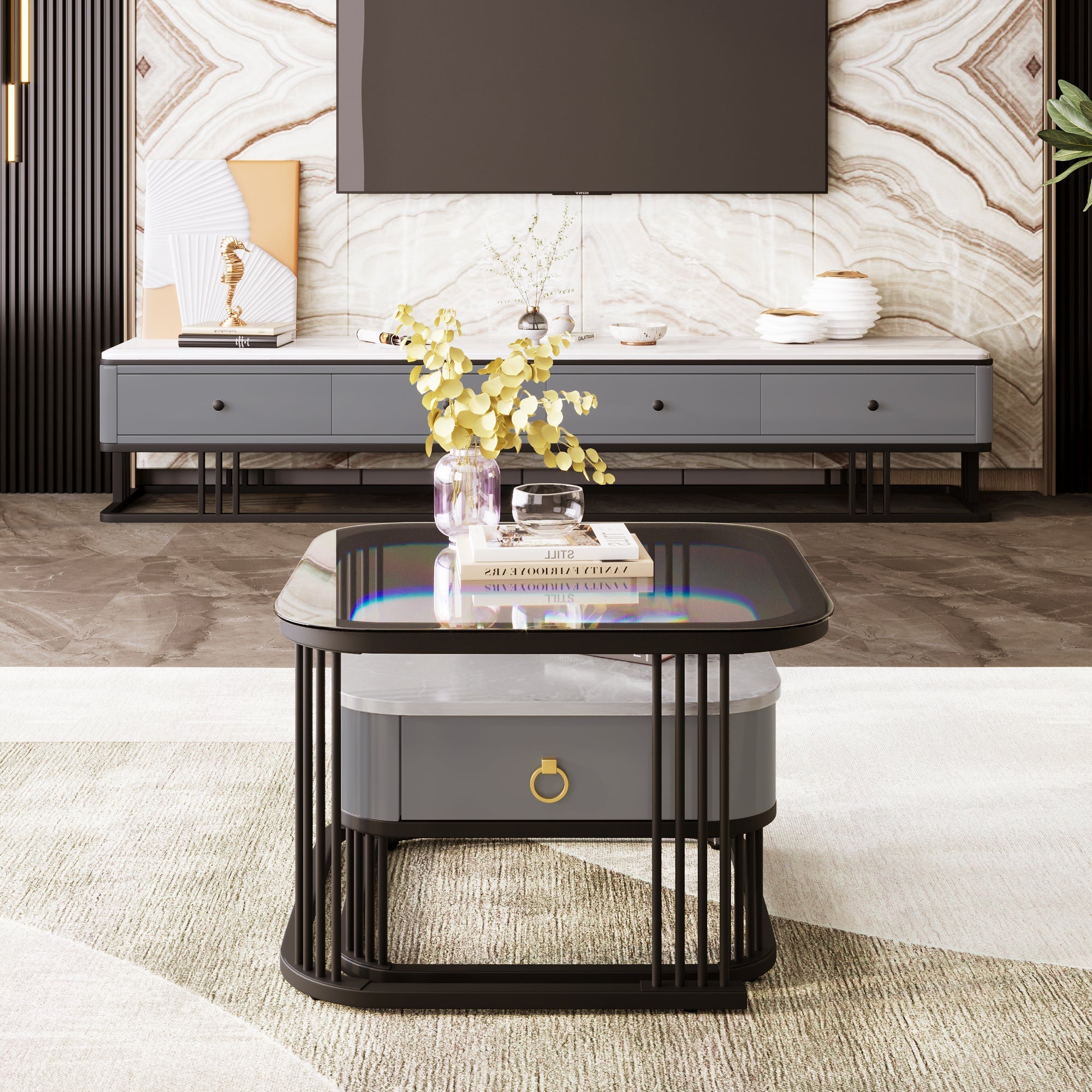 Nestable Coffee Table: High-Gloss Marble Exterior, Glass Tabletop, Black Table Legs, Side Table with Drawer (Set of 2)