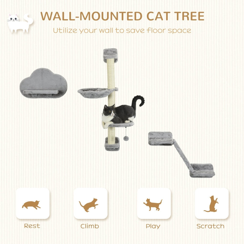 Cat Shelves, Three-Piece Wall-Mounted with Hammock, Ladder, Platforms, Scratching Post - Grey