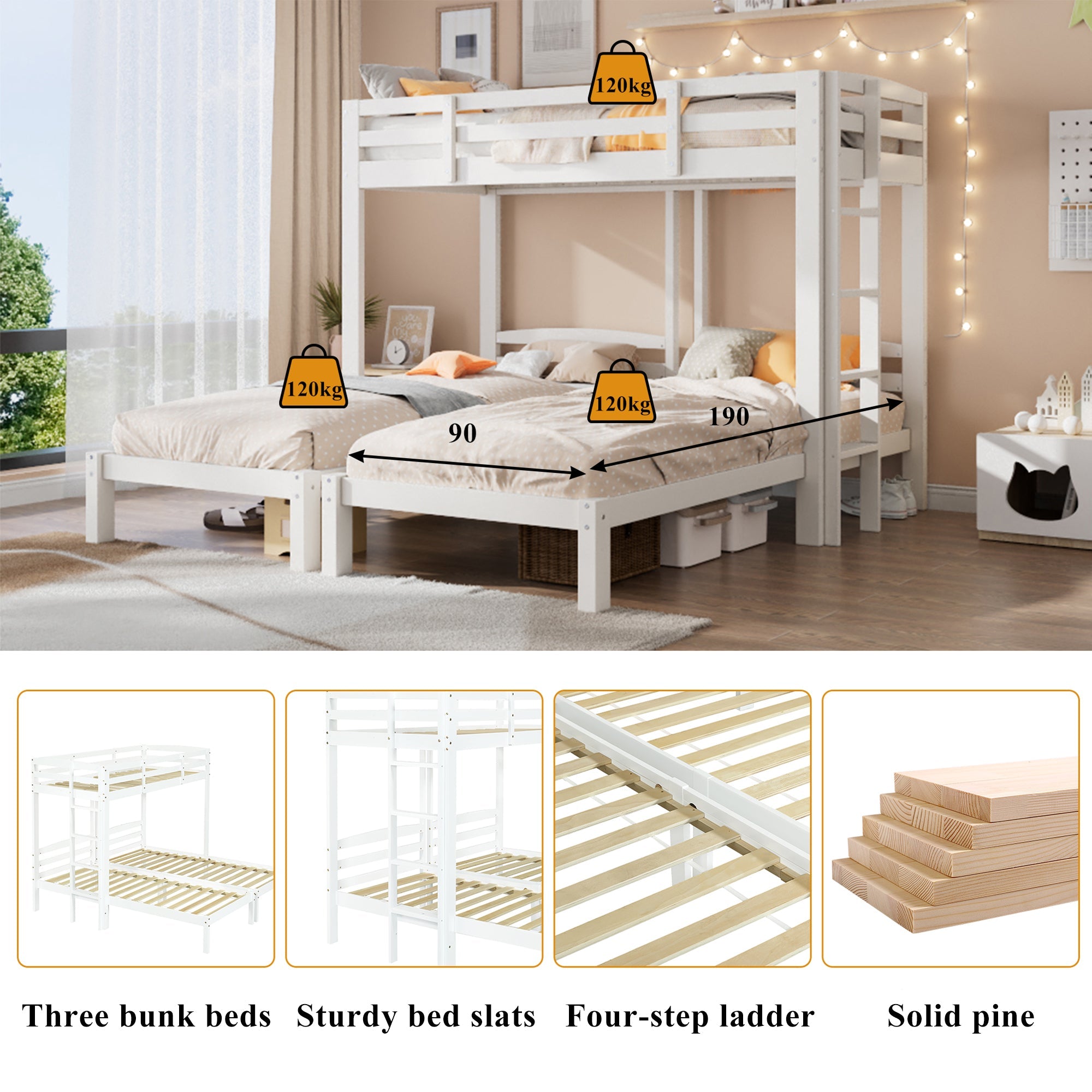 Bunk Bed Triple Sleeper with Side Ladder 3FT, White