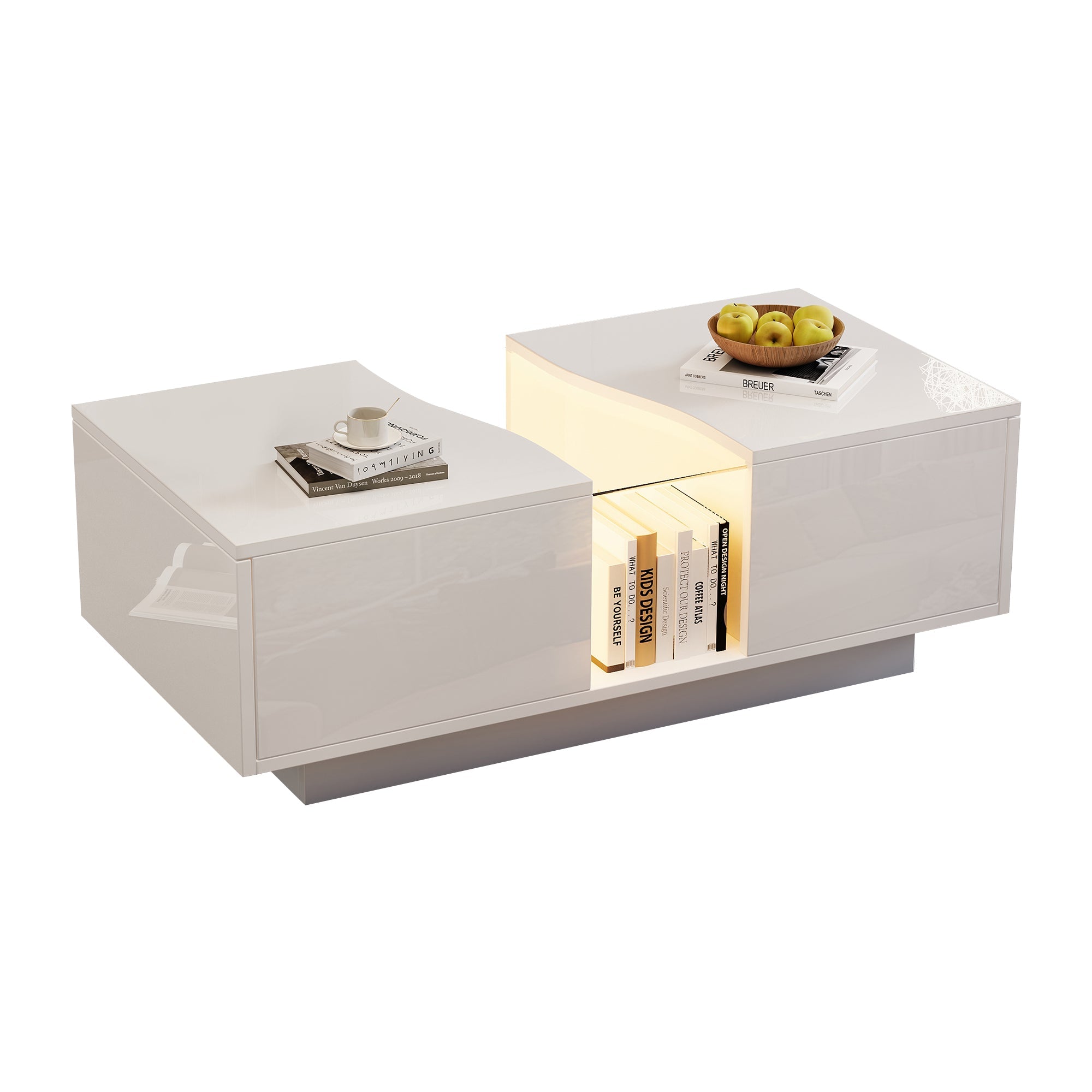 Led Coffee Table with 2 Drawer Storage, High Gloss with 16-Color Led Lights, White