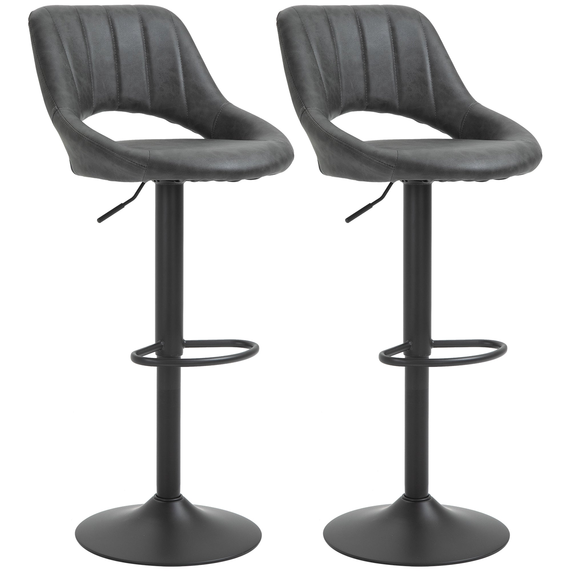 Bar Stools Set of 2, Swivel Adjustable Armless with Back, PU Leather Dark Grey