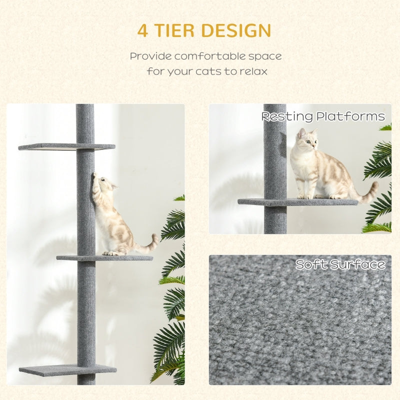 Cat Tree 260cm Floor To Ceiling, Three Platforms Activity Centre - Grey