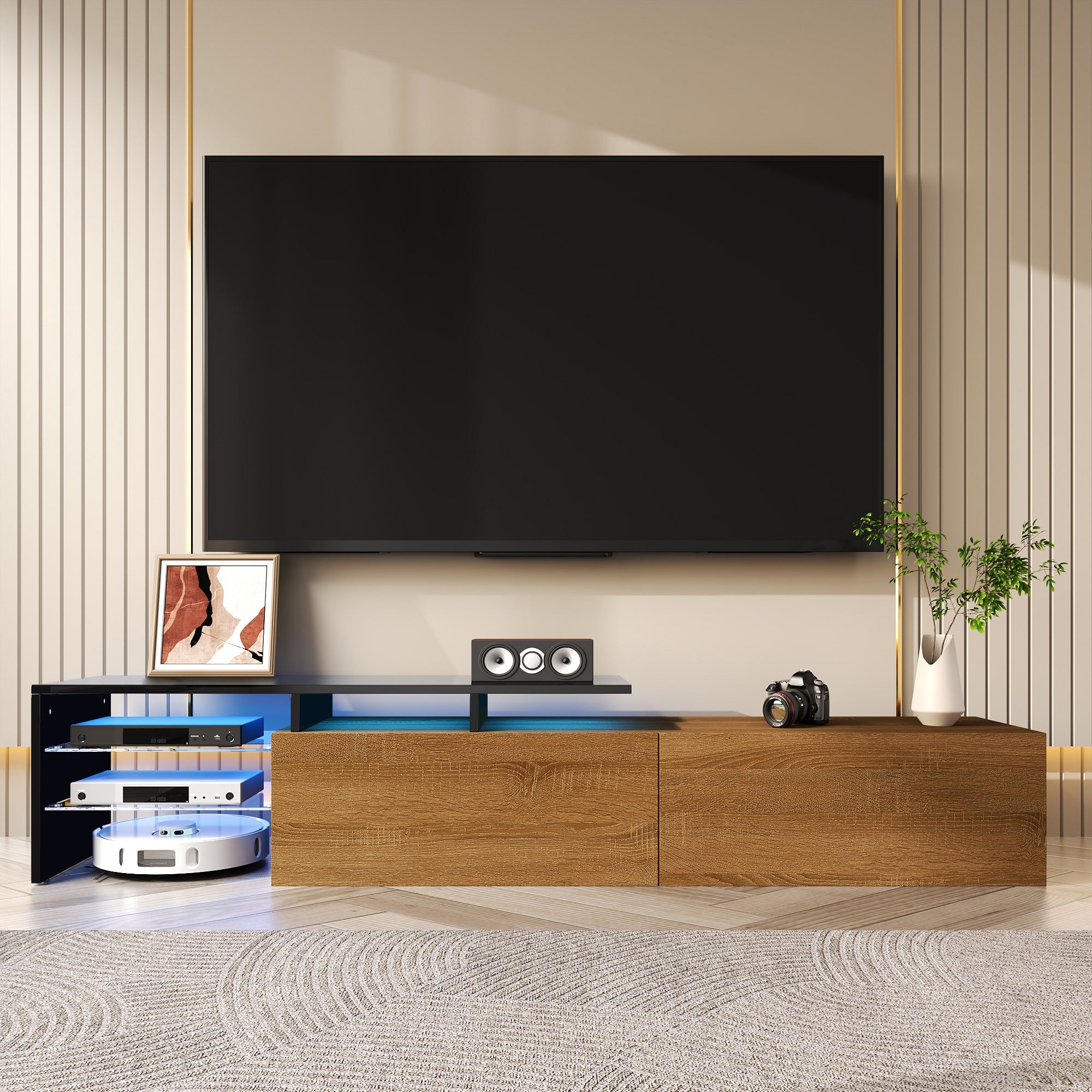 Modern TV Cabinet: Stylish, Elegant, Practical Storage with Glass Shelves, LED Lighting - Black and Wood Look
