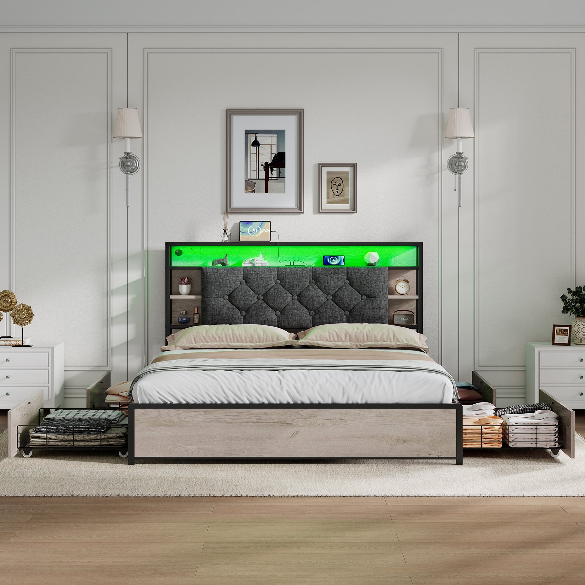 4ft6 Double Bed with Storage, LED Lighting, Grey Linen