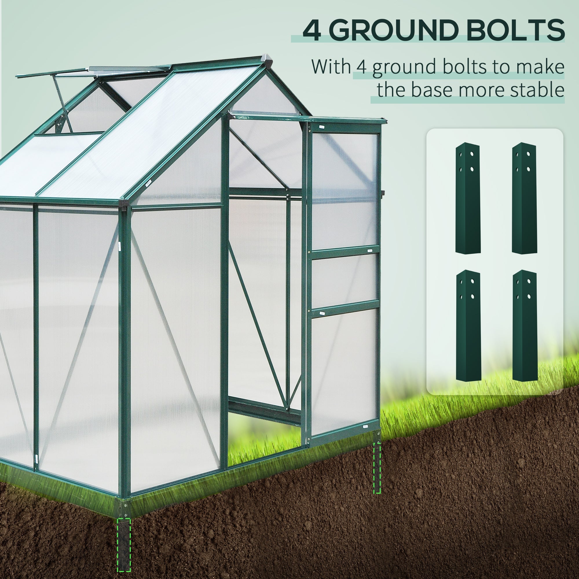 Polycarbonate Greenhouse, Large Walk-In 6 x 4ft with Slide Door and Window, Aluminium Frame, Dark Green