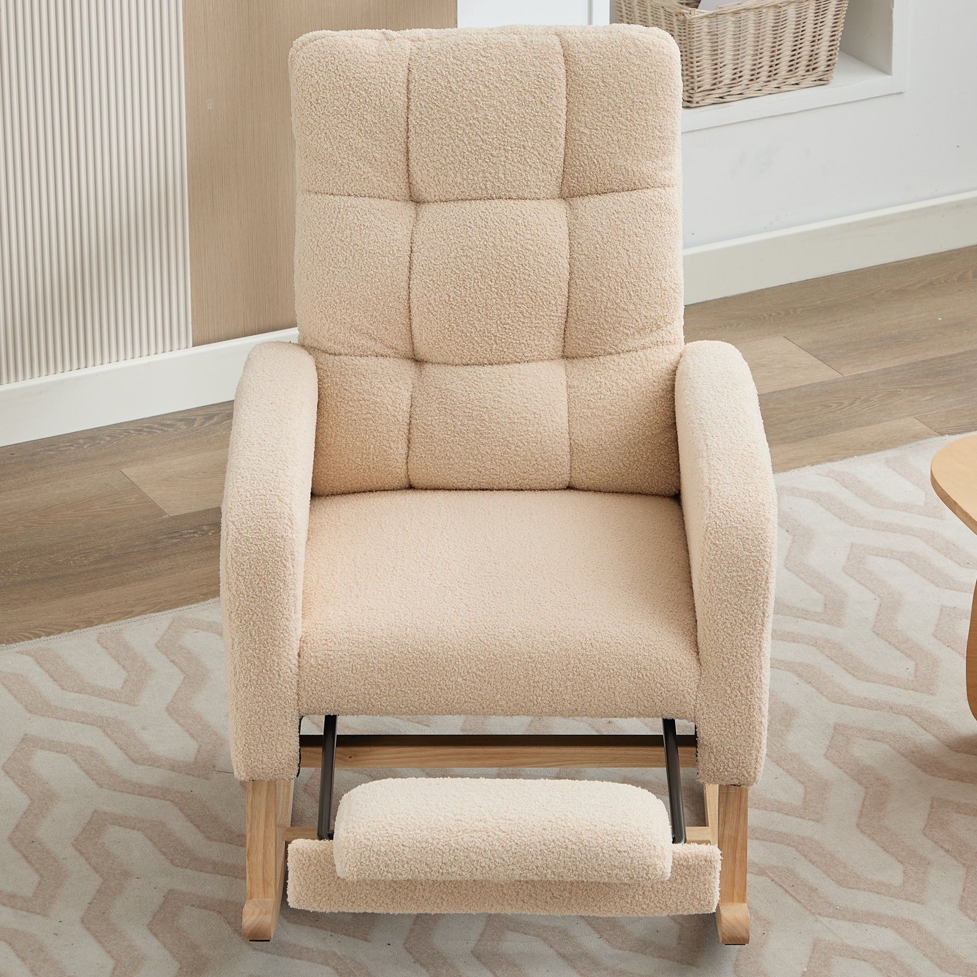 Rocking Chair with Adjustable Footrest and High Backrest, Beige Teddy Fabric