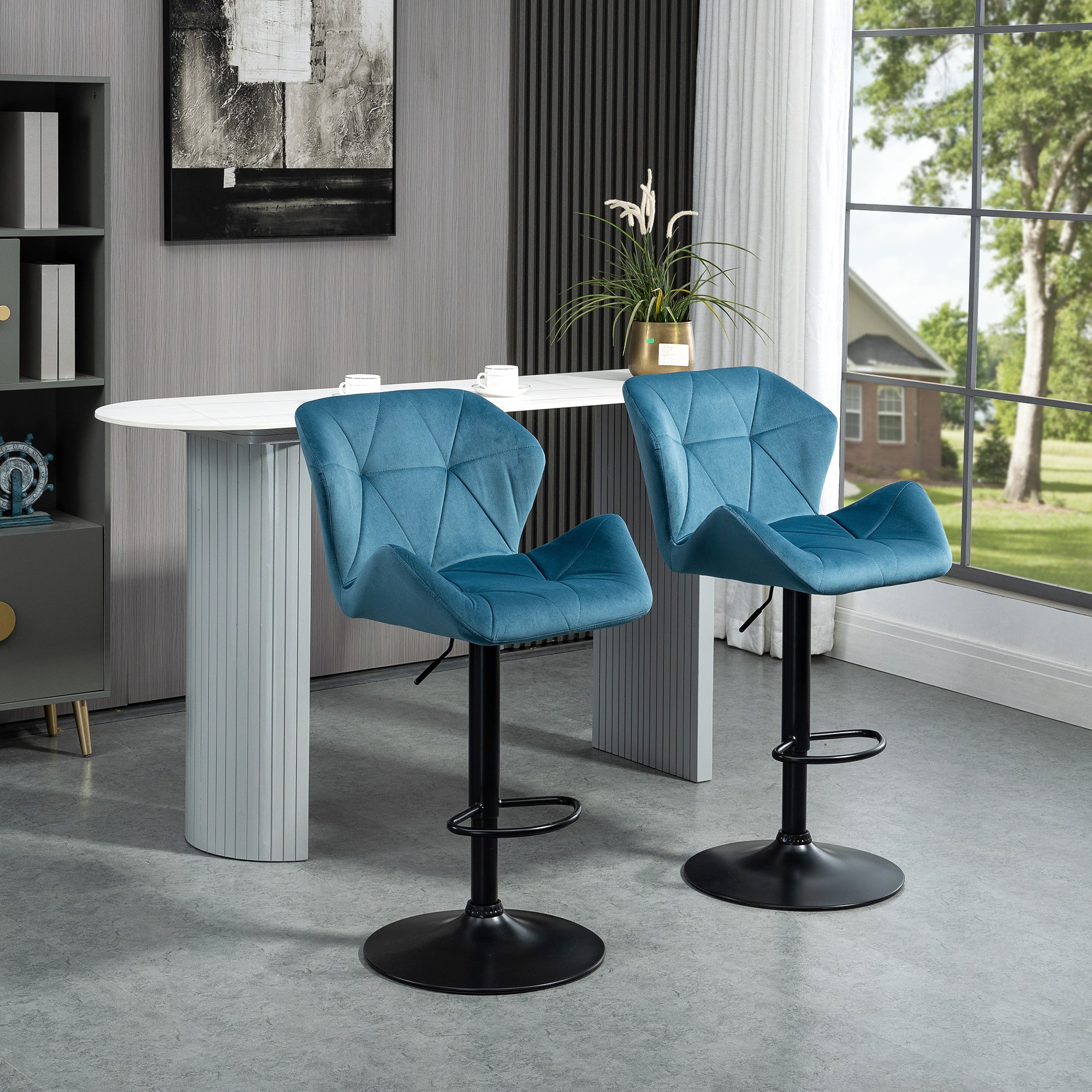 Bar Stools Set Of 2, Adjustable Swivel Velvet-Touch Blue