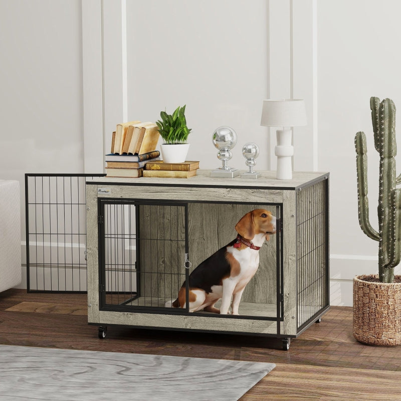Dog Crate Furniture, Double Doors with Wheels, for Medium Dogs, Grey