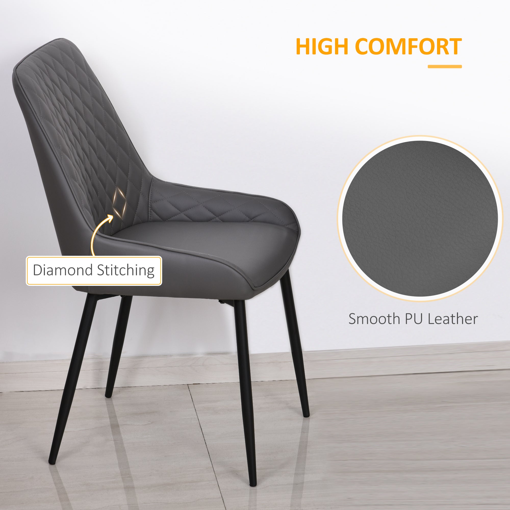 Dining Chairs, Quilted with Metal Frame 4 Legs, Grey PU Leather