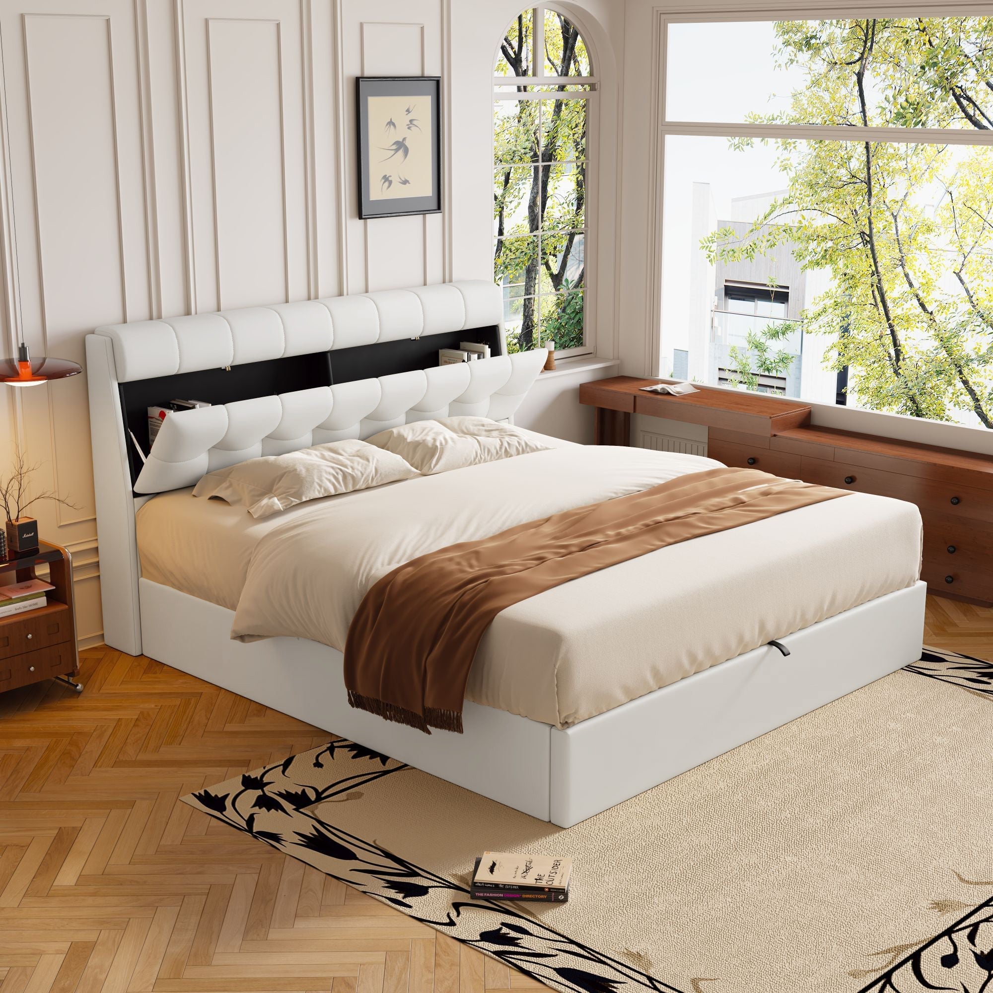 Fashion Upholstered Bed, King Size 150x200cm, Hydraulic with Concealed Headboard Storage, PU, Cream White