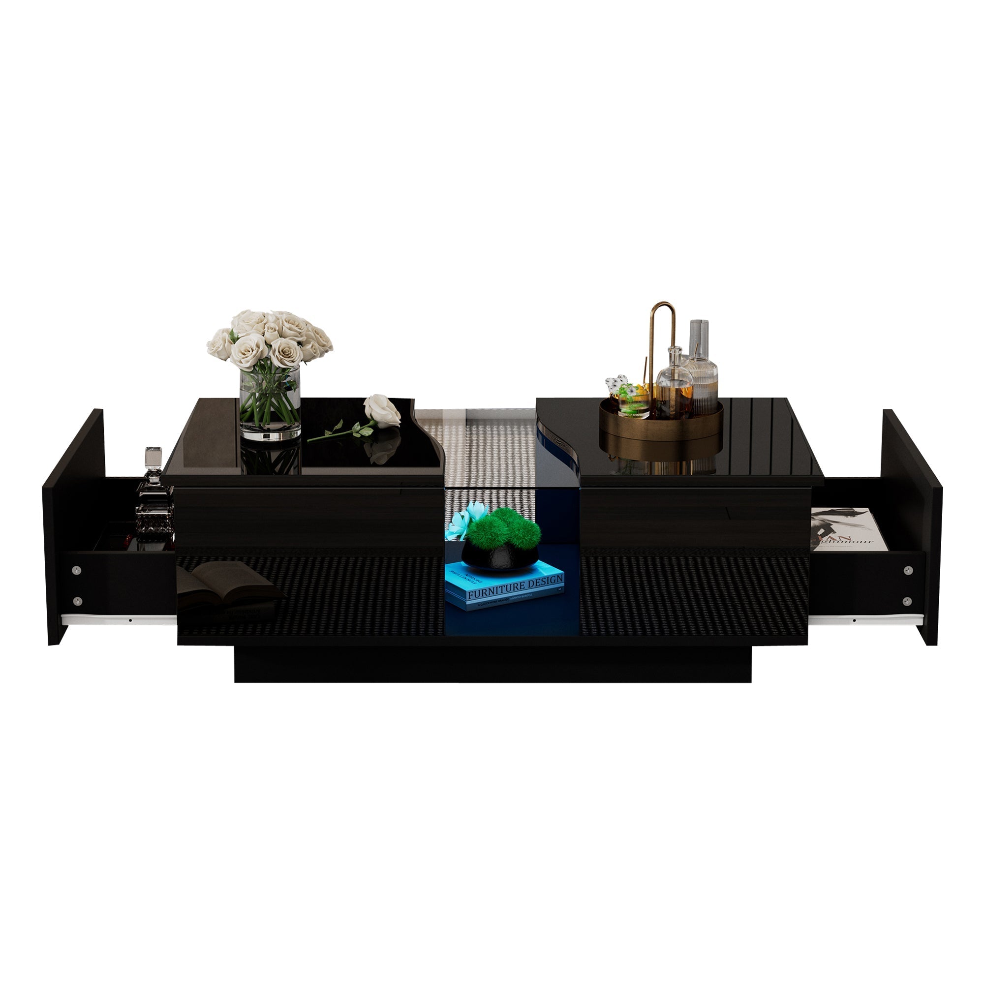 Led Coffee Table with 2 Drawer Storage, High Gloss Coffee Table for Living Room Unique Shape Centre Table with 16-Color Led Lights,End Table for Home Office Furniture, Black