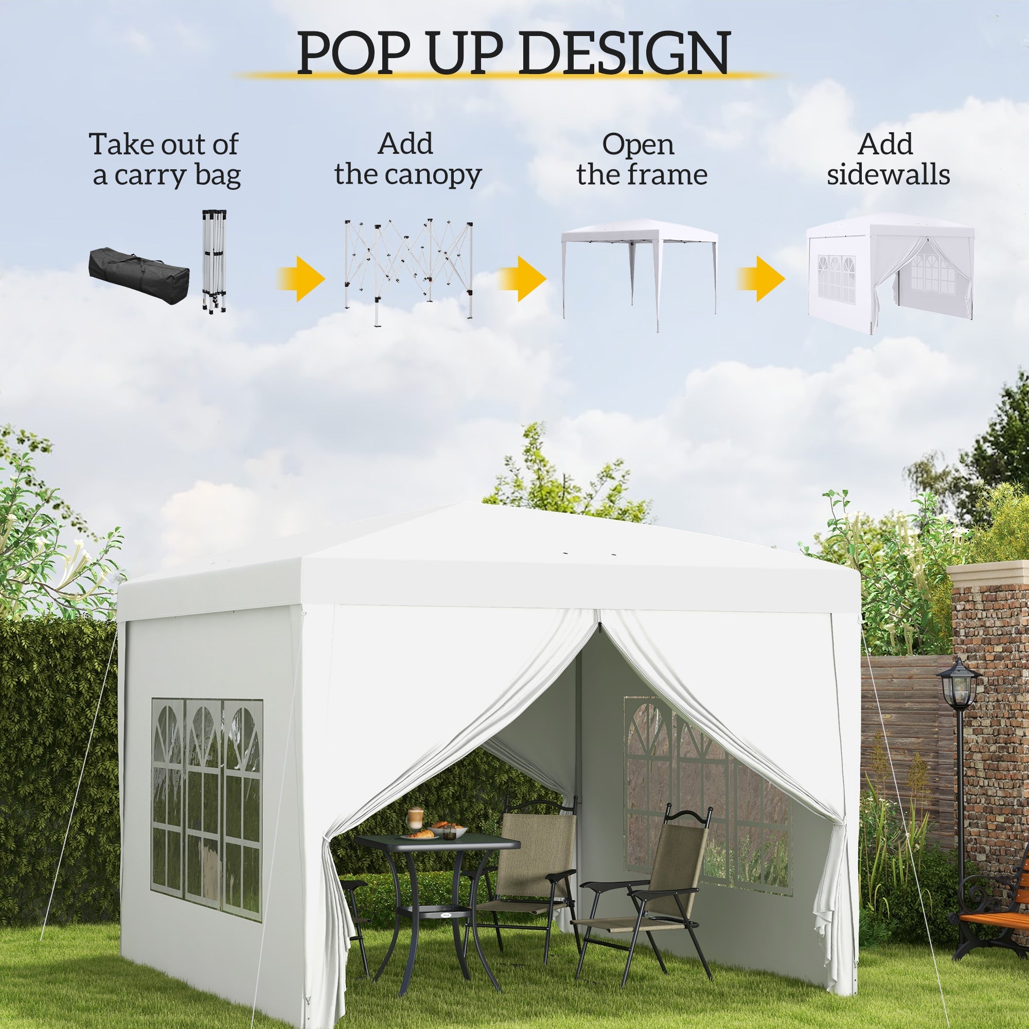 Pop Up Gazebo, Wedding Party Canopy Tent Marquee with Carry Bag and Windows, White